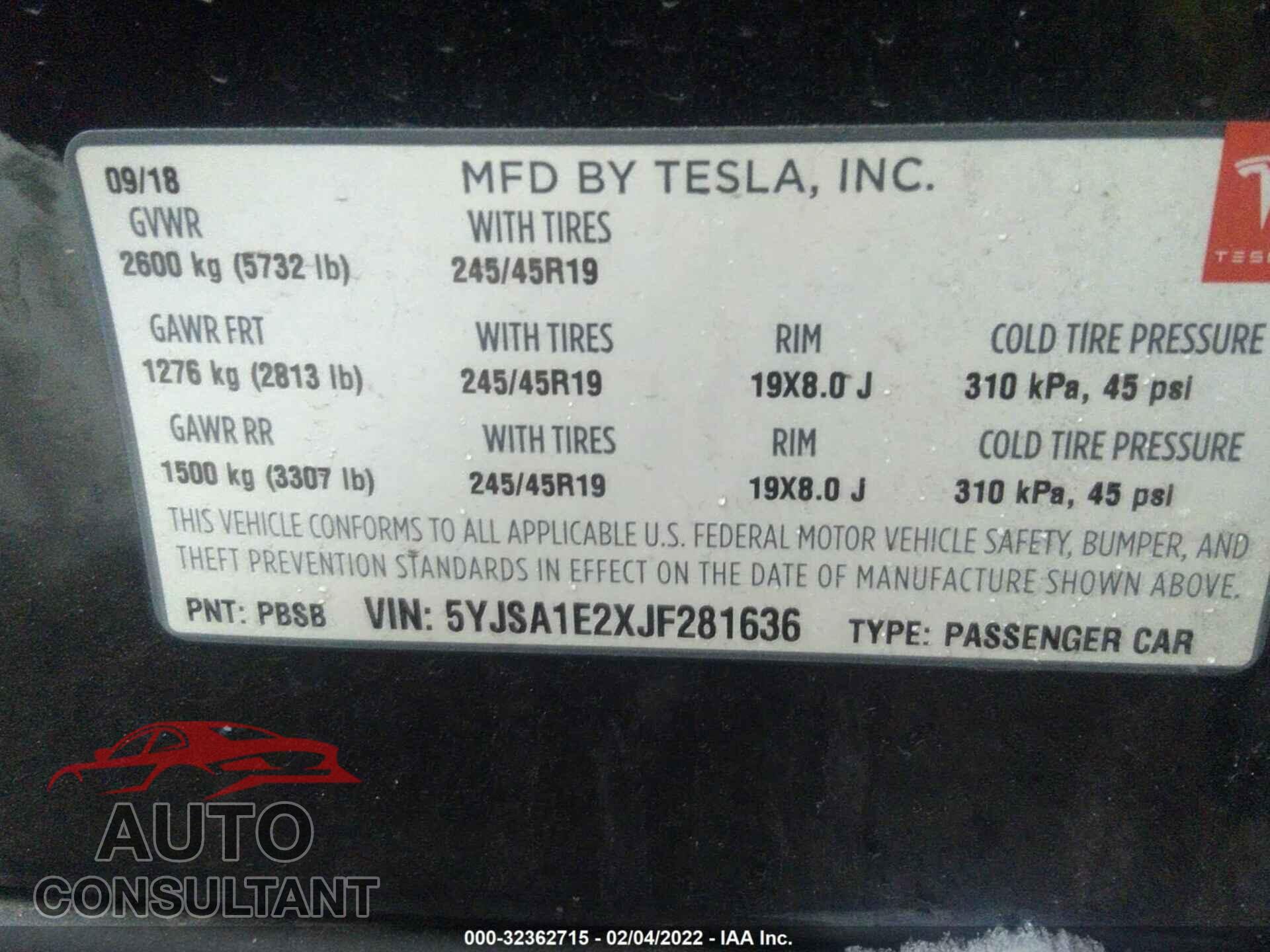 TESLA MODEL S 2018 - 5YJSA1E2XJF281636
