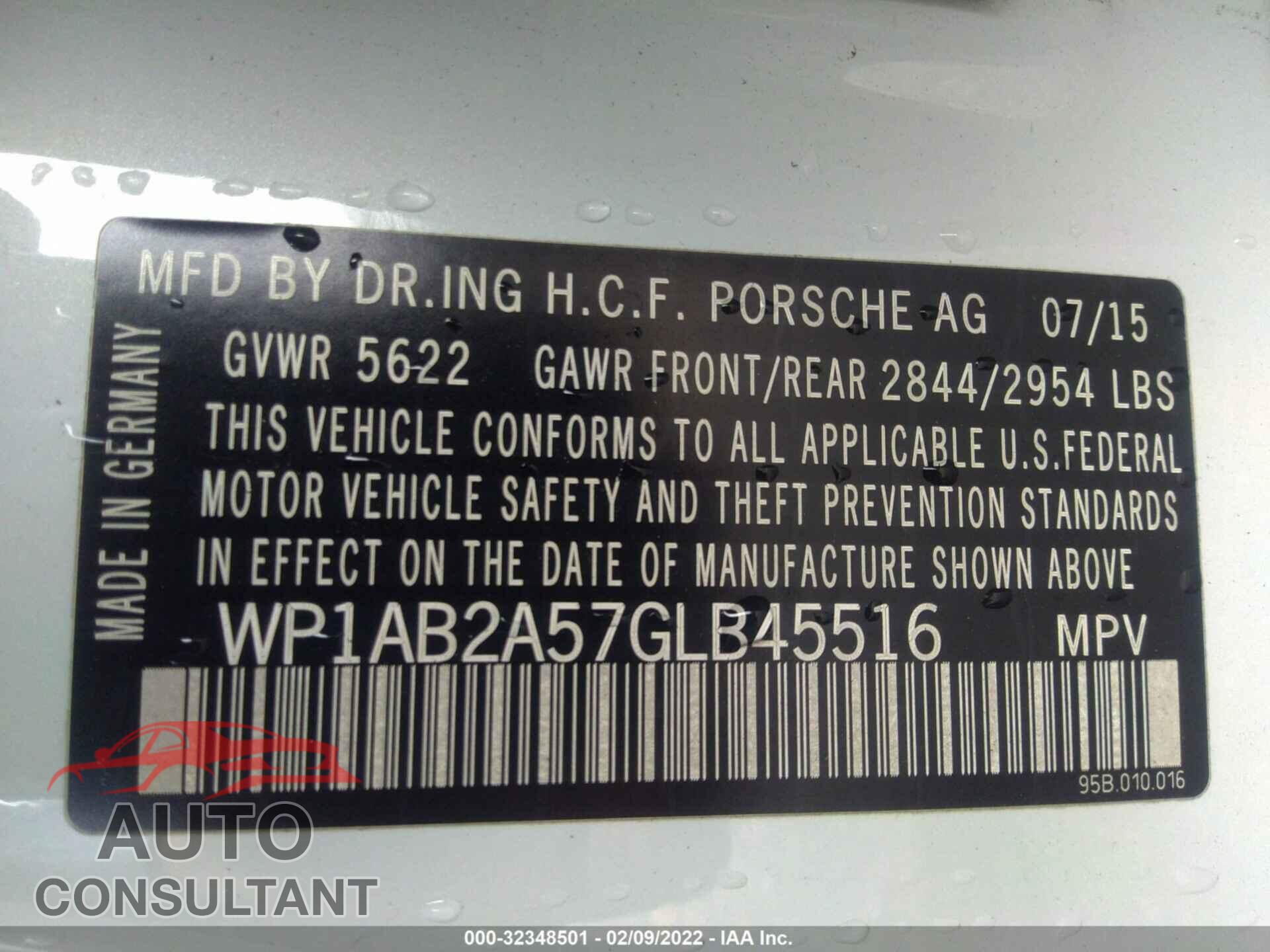 PORSCHE MACAN 2016 - WP1AB2A57GLB45516
