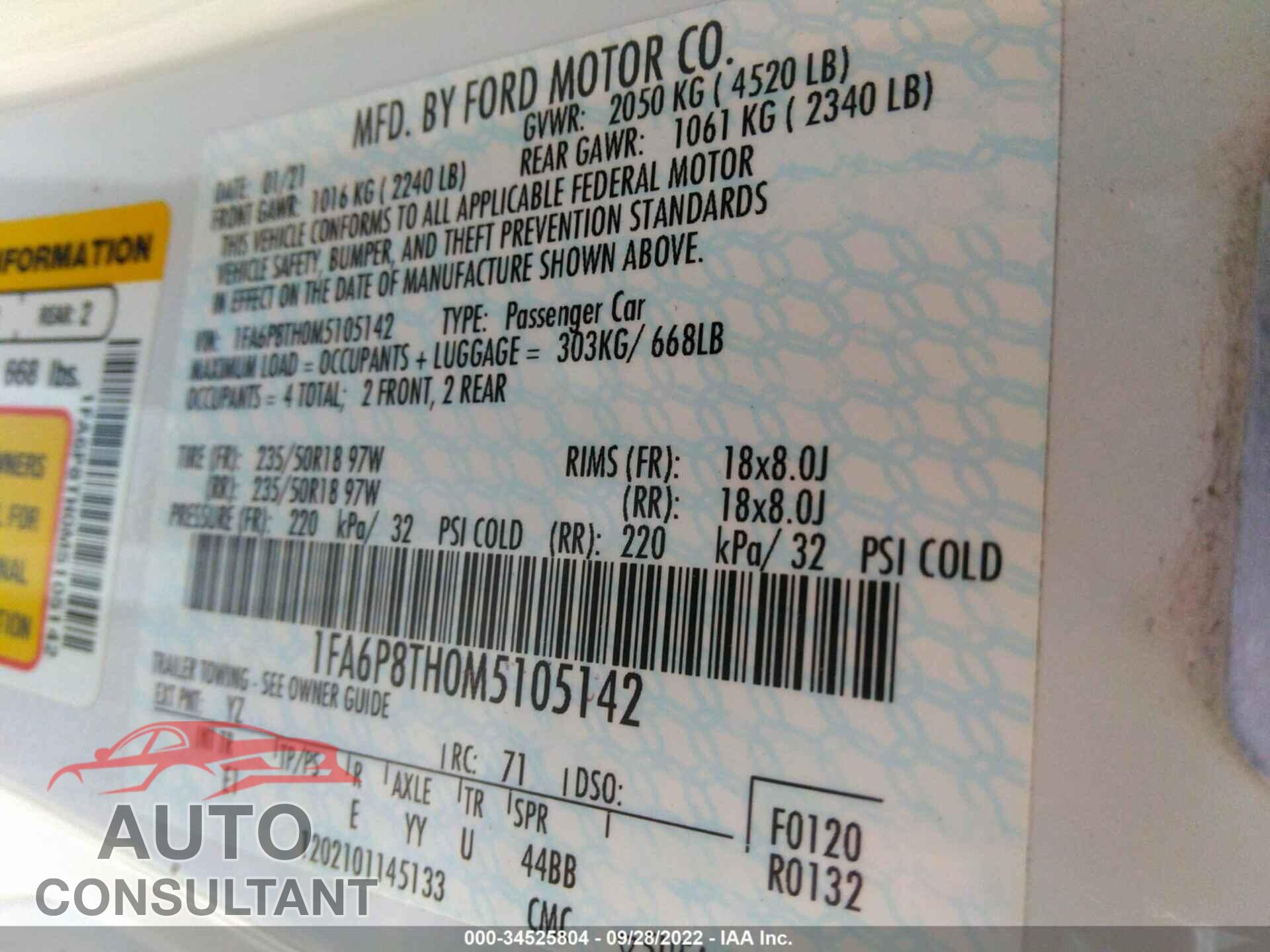 FORD MUSTANG 2021 - 1FA6P8TH0M5105142