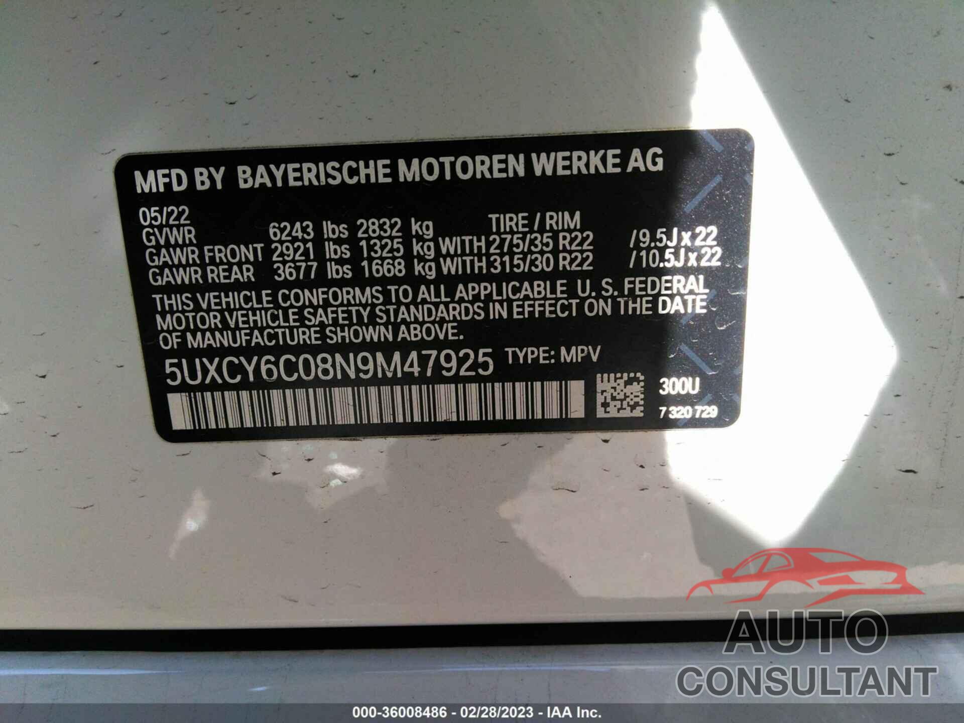 BMW X6 2022 - 5UXCY6C08N9M47925