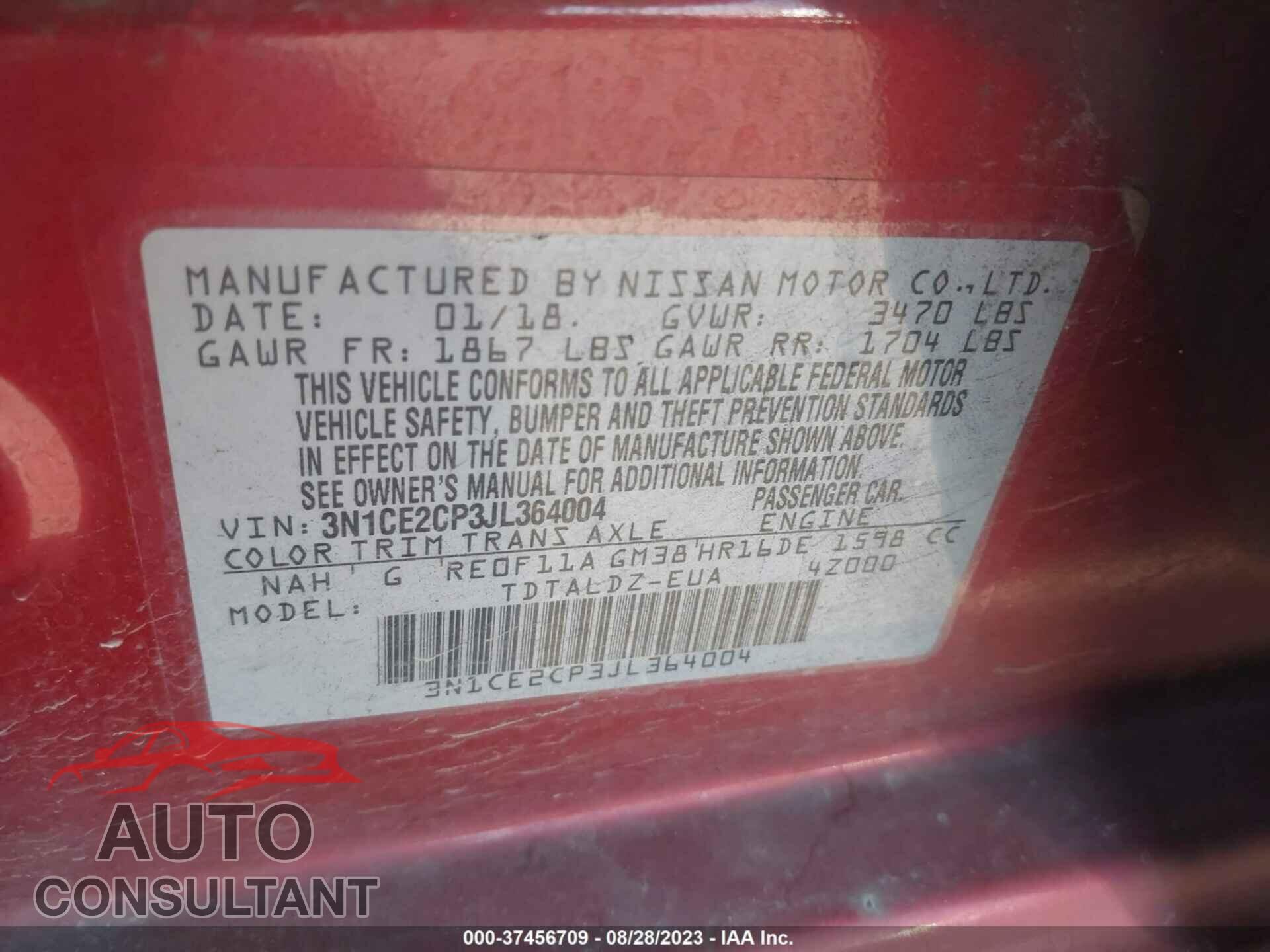 NISSAN VERSA NOTE 2018 - 3N1CE2CP3JL364004