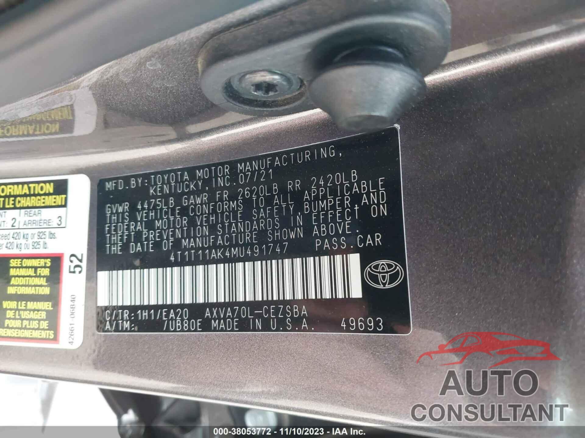 TOYOTA CAMRY 2021 - 4T1T11AK4MU491747