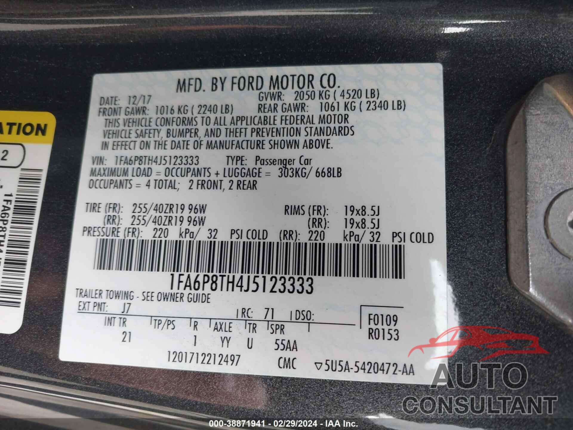 FORD MUSTANG 2018 - 1FA6P8TH4J5123333