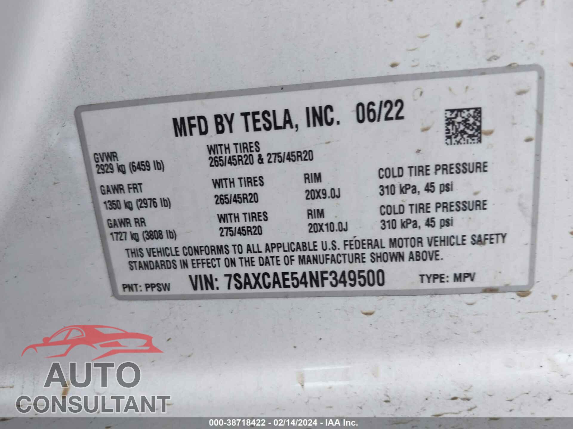 TESLA MODEL X 2022 - 7SAXCAE54NF349500