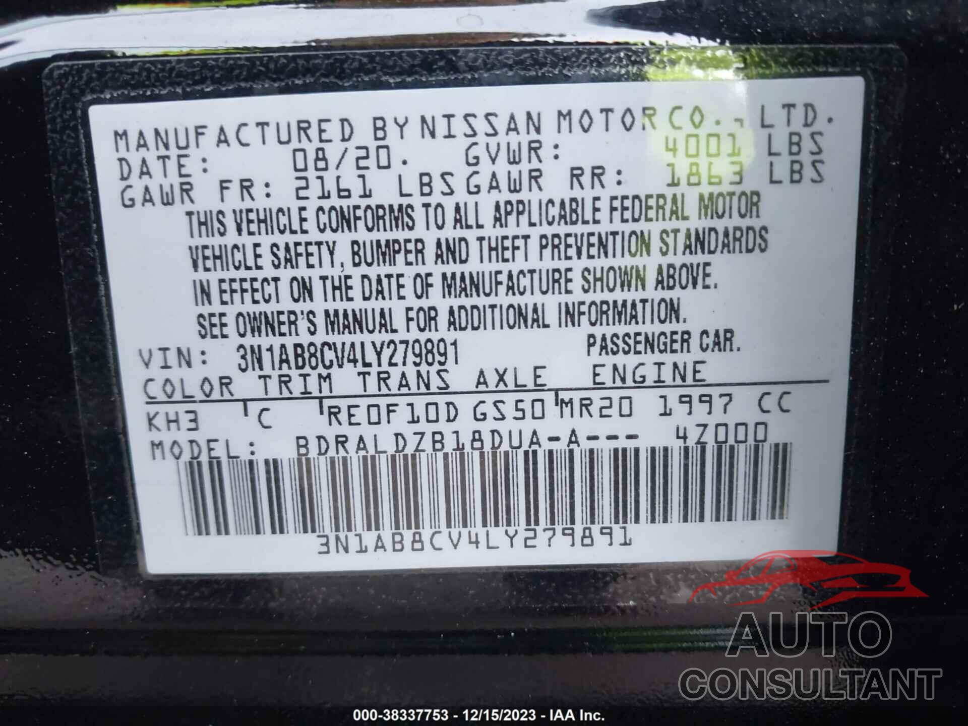 NISSAN SENTRA 2020 - 3N1AB8CV4LY279891