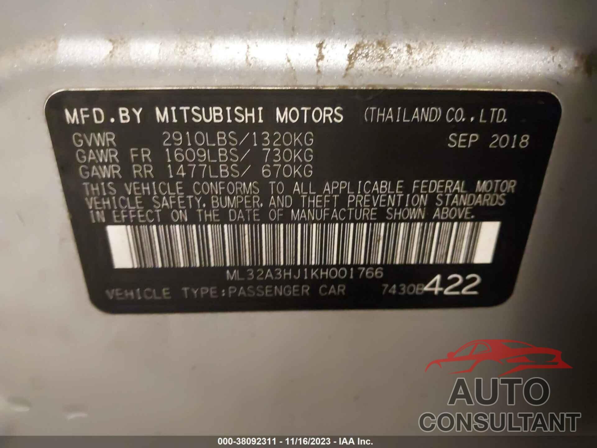 MITSUBISHI MIRAGE 2019 - ML32A3HJ1KH001766