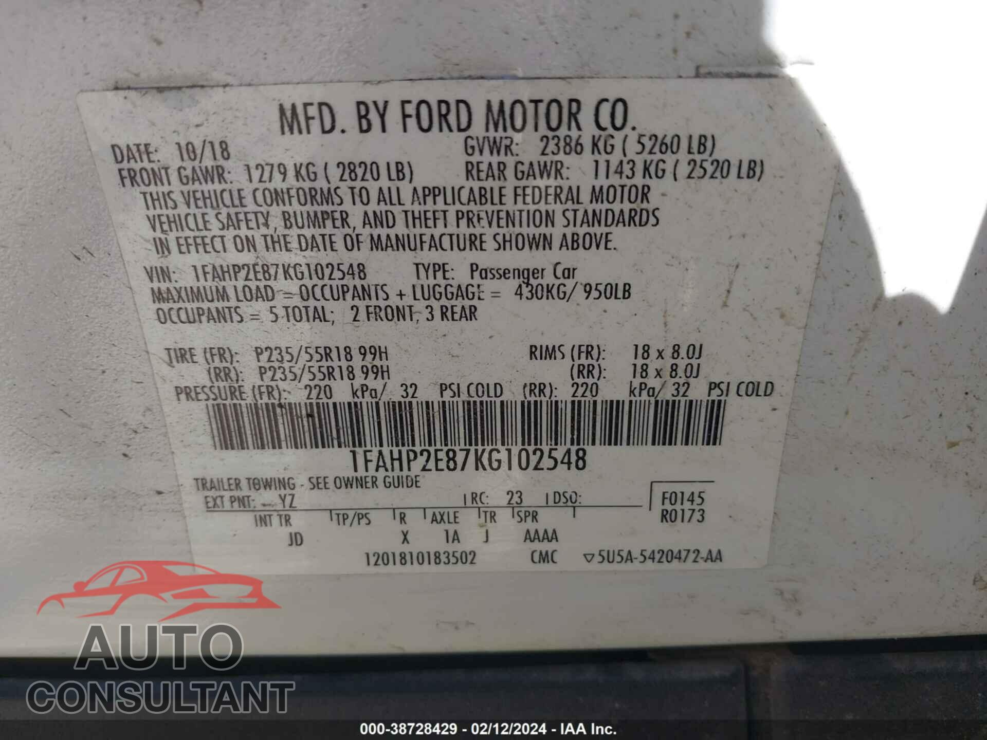 FORD TAURUS 2019 - 1FAHP2E87KG102548