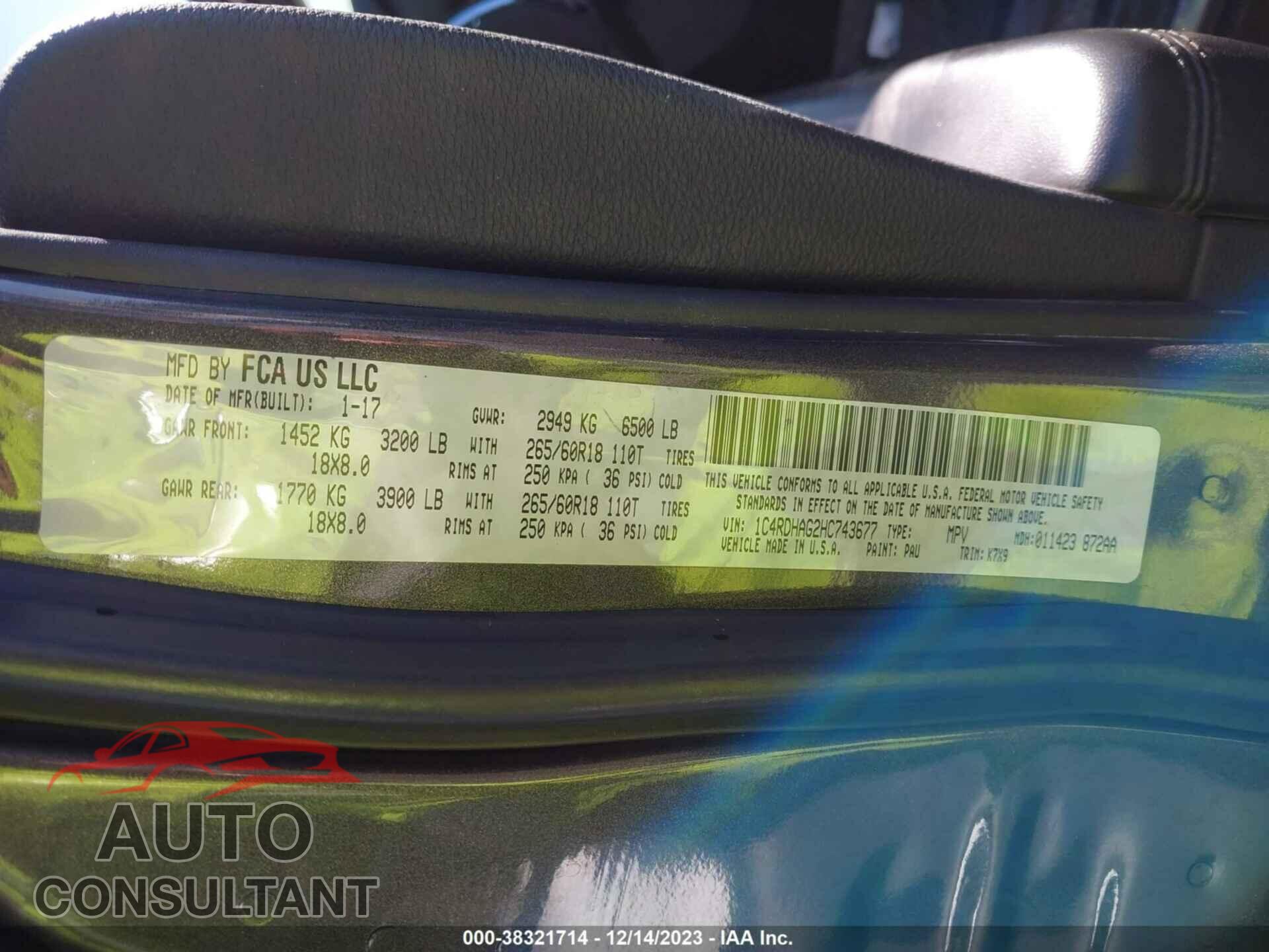 DODGE DURANGO 2017 - 1C4RDHAG2HC743677