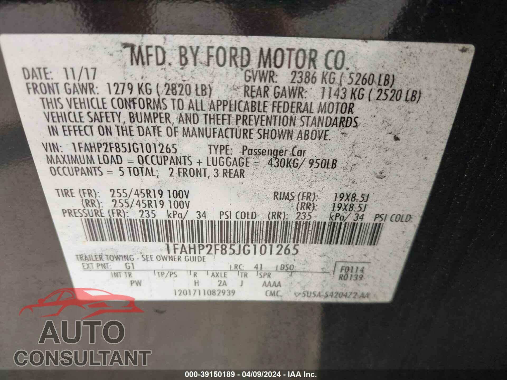 FORD TAURUS 2018 - 1FAHP2F85JG101265