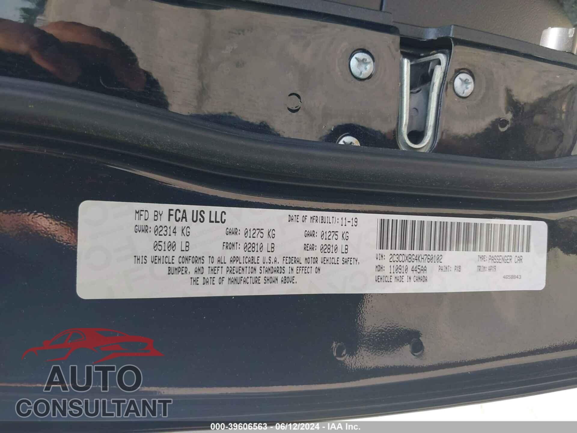 DODGE CHARGER 2019 - 2C3CDXBG4KH760102
