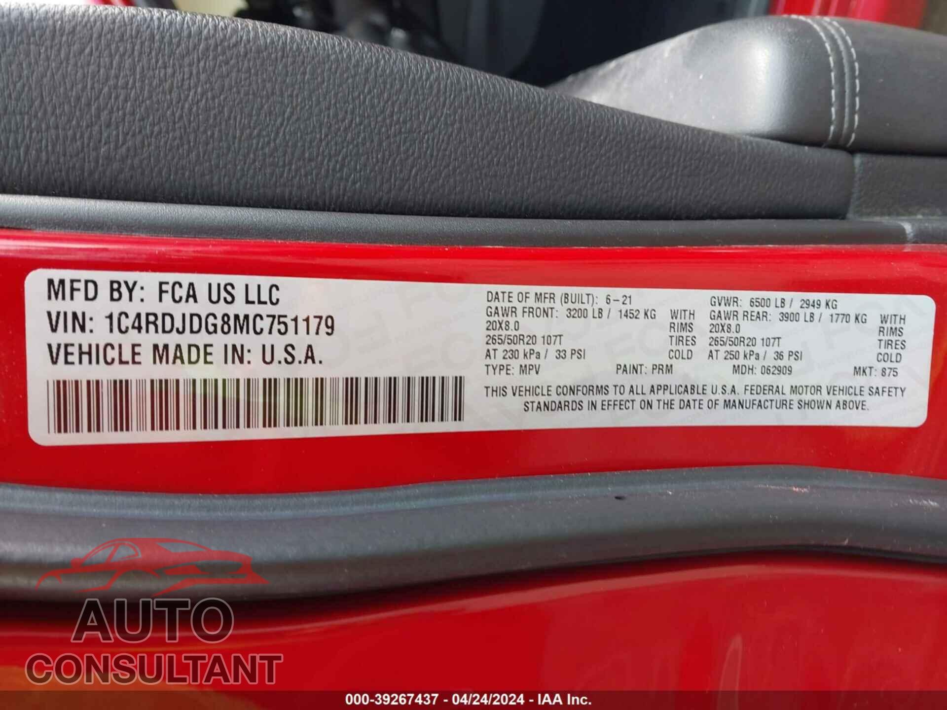 DODGE DURANGO 2021 - 1C4RDJDG8MC751179