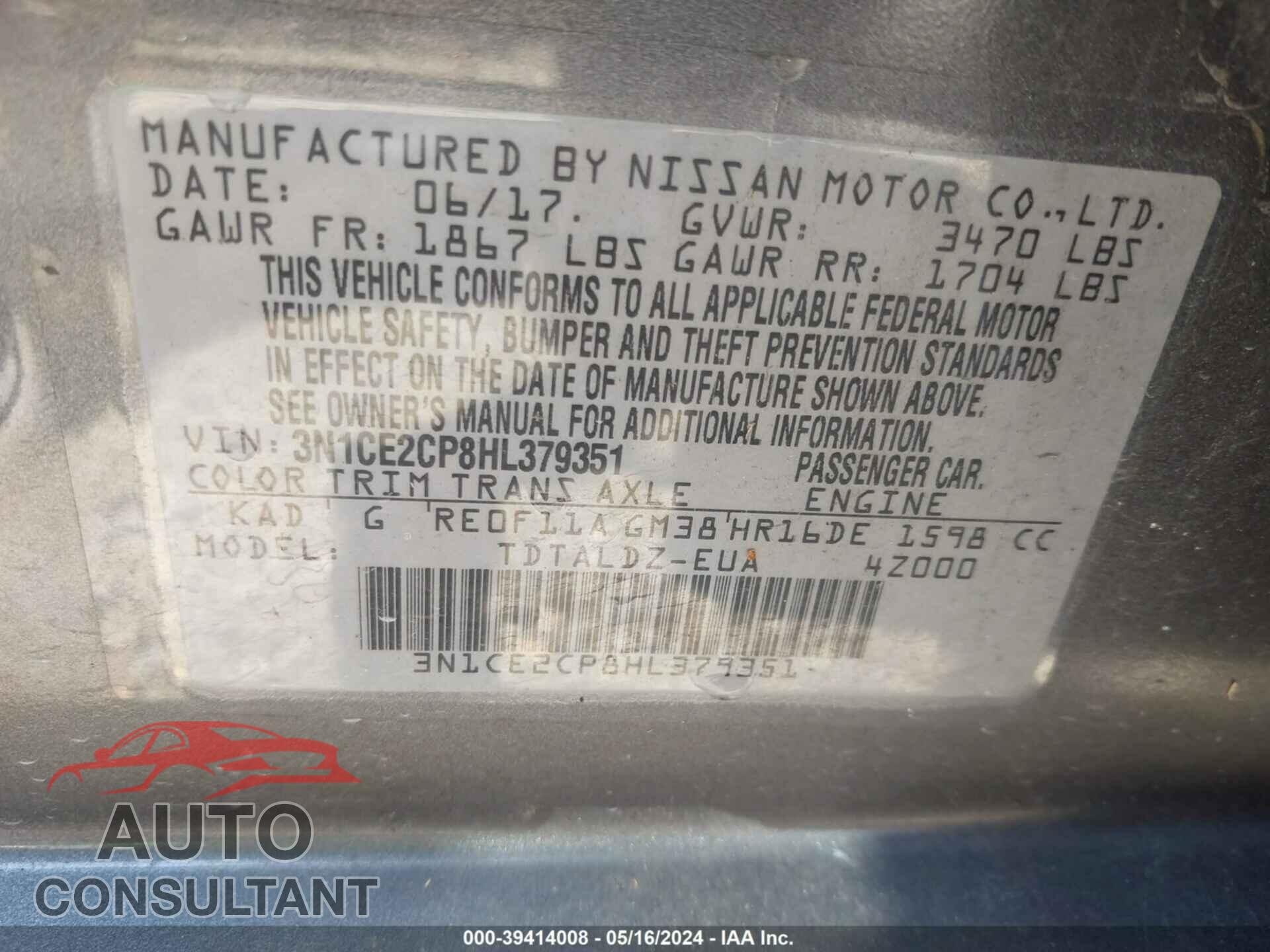 NISSAN VERSA NOTE 2017 - 3N1CE2CP8HL379351
