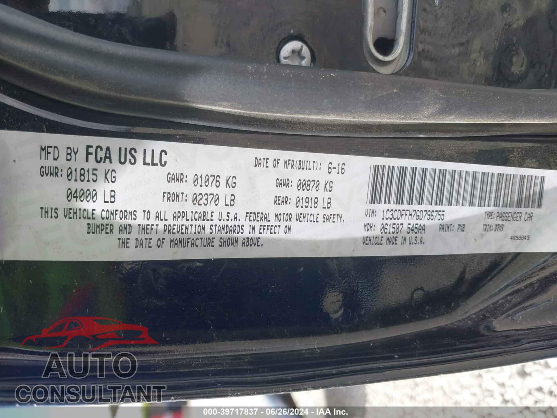 DODGE DART 2016 - 1C3CDFFH7GD796755