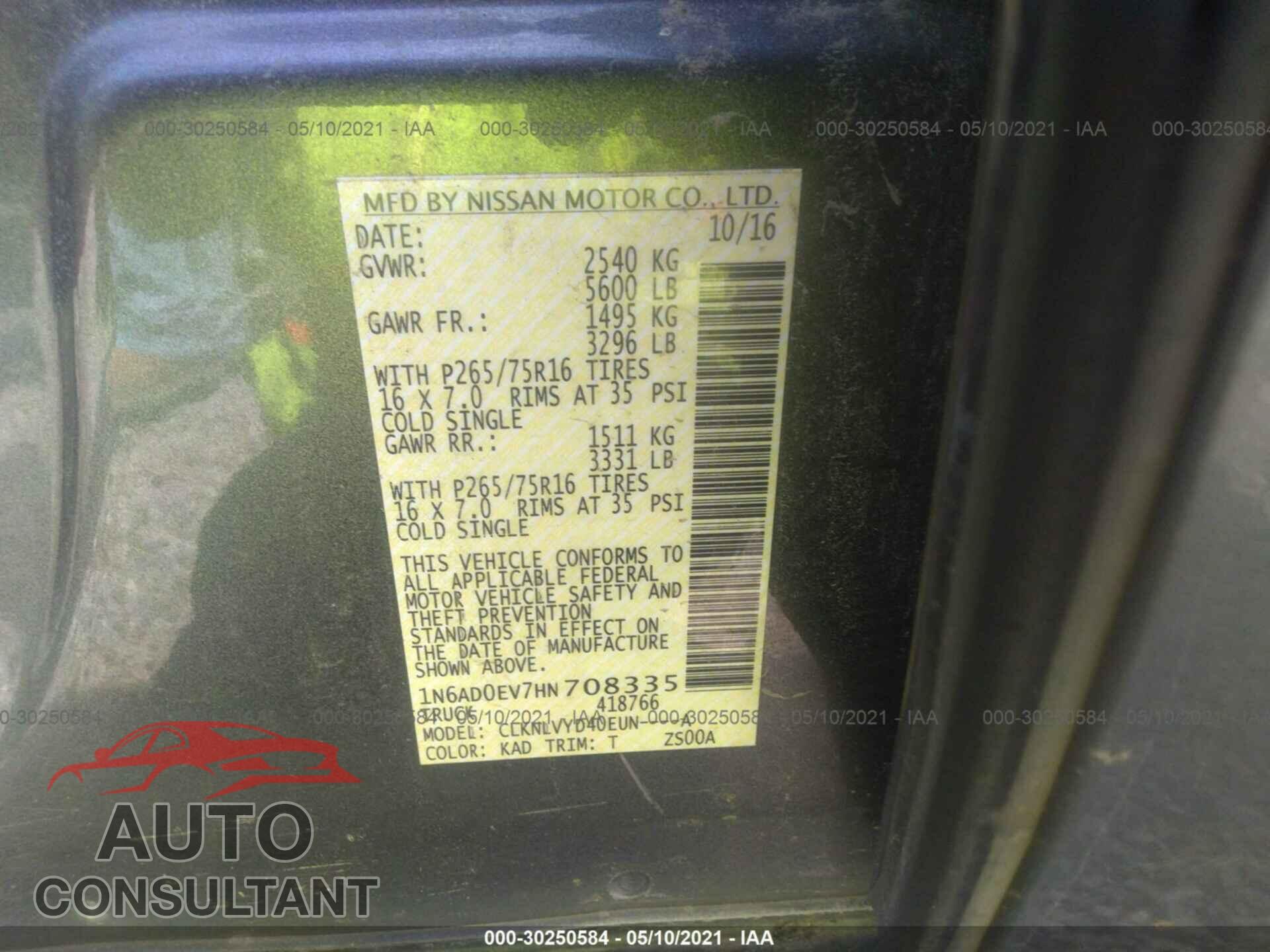 NISSAN FRONTIER 2017 - 1N6AD0EV7HN708335