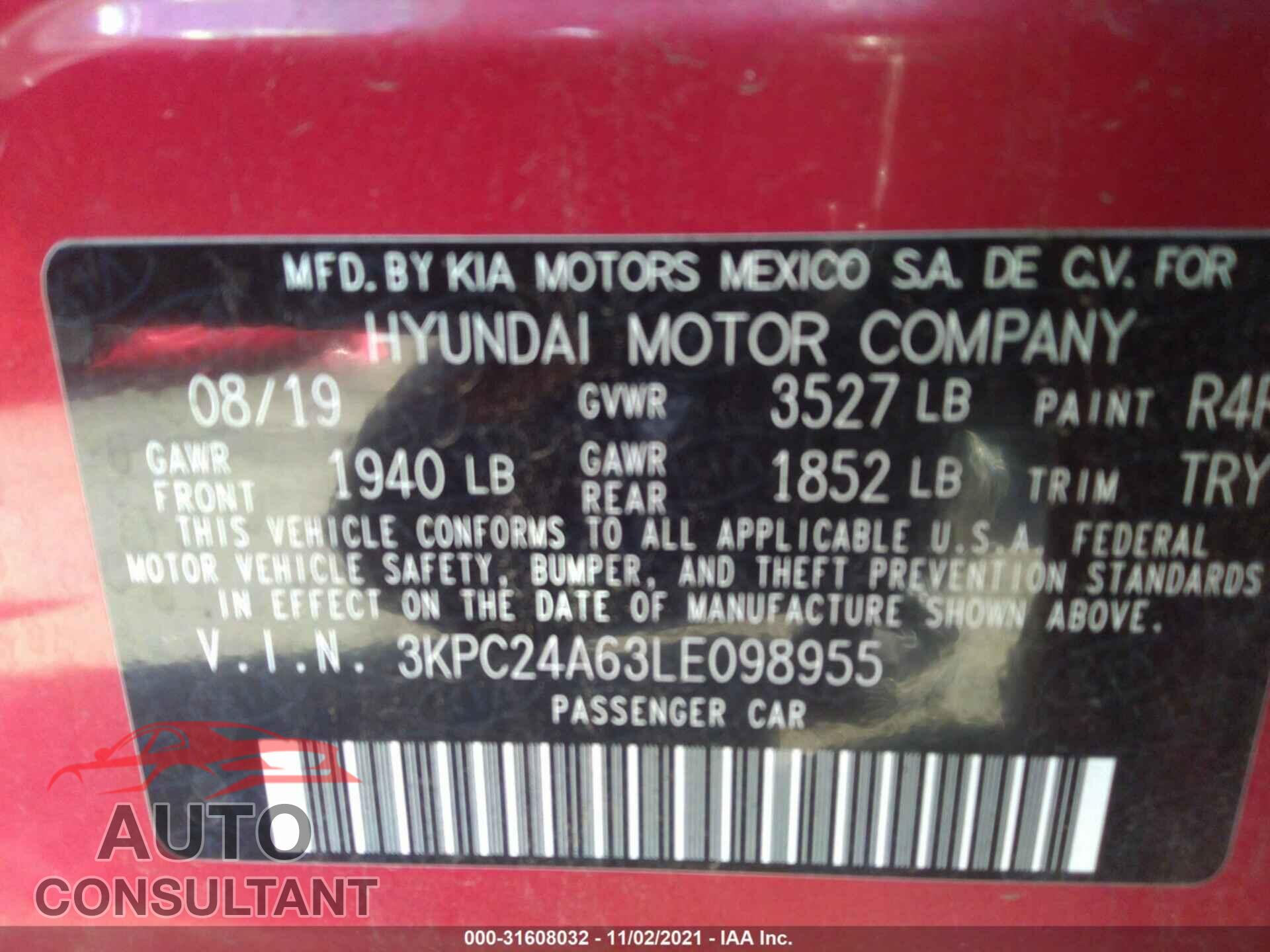 HYUNDAI ACCENT 2020 - 3KPC24A63LE098955