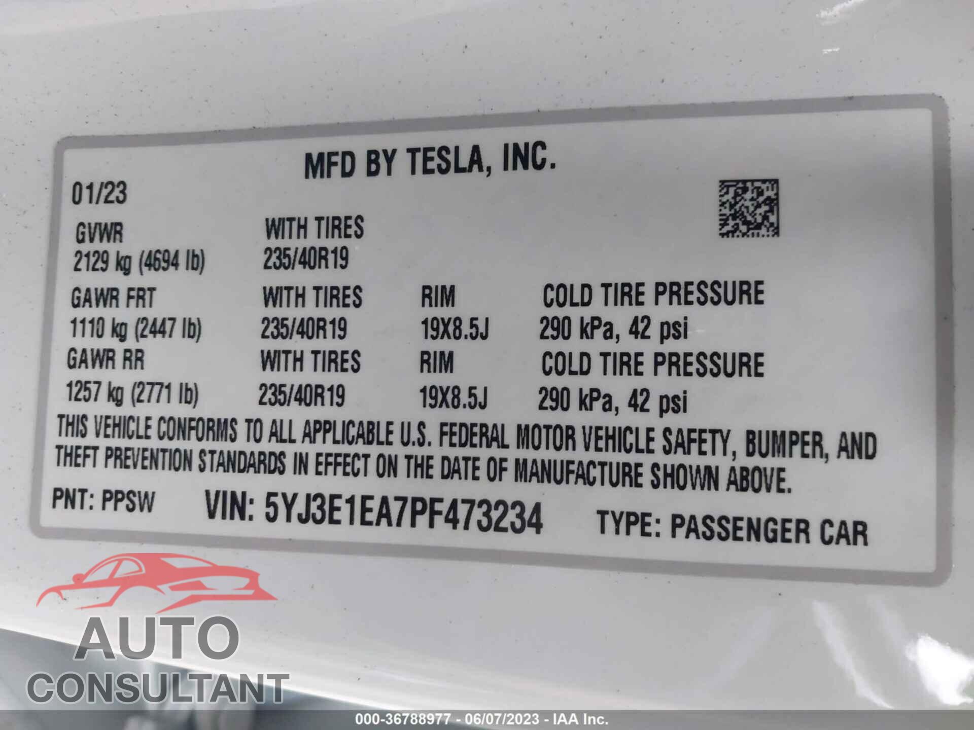 TESLA MODEL 3 2023 - 5YJ3E1EA7PF473234