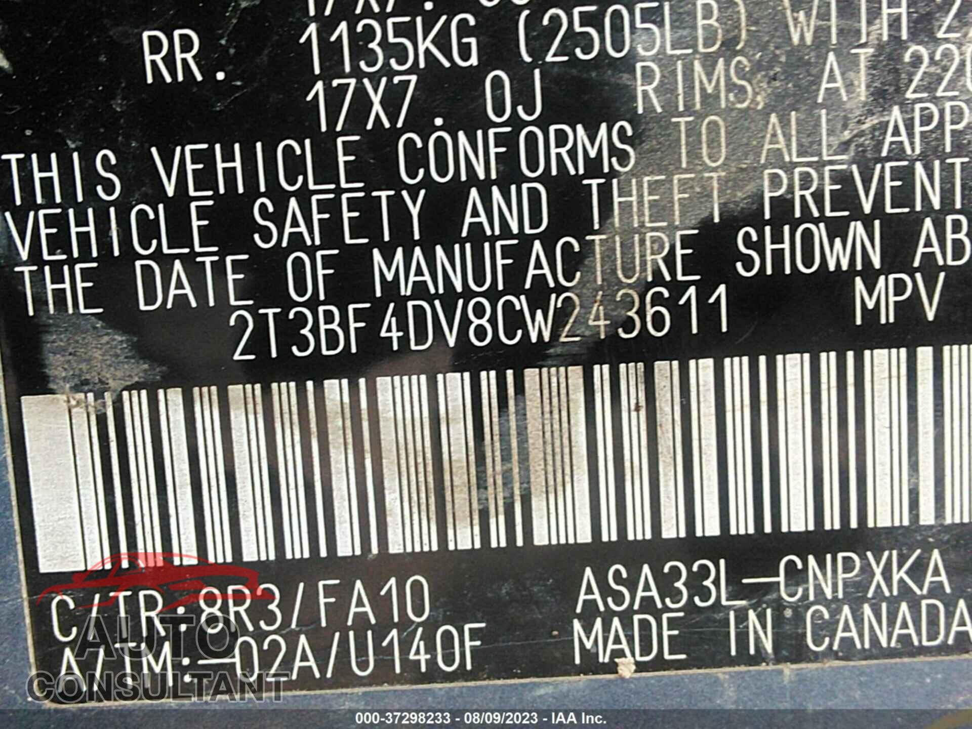 TOYOTA RAV4 2012 - 2T3BF4DV8CW243611