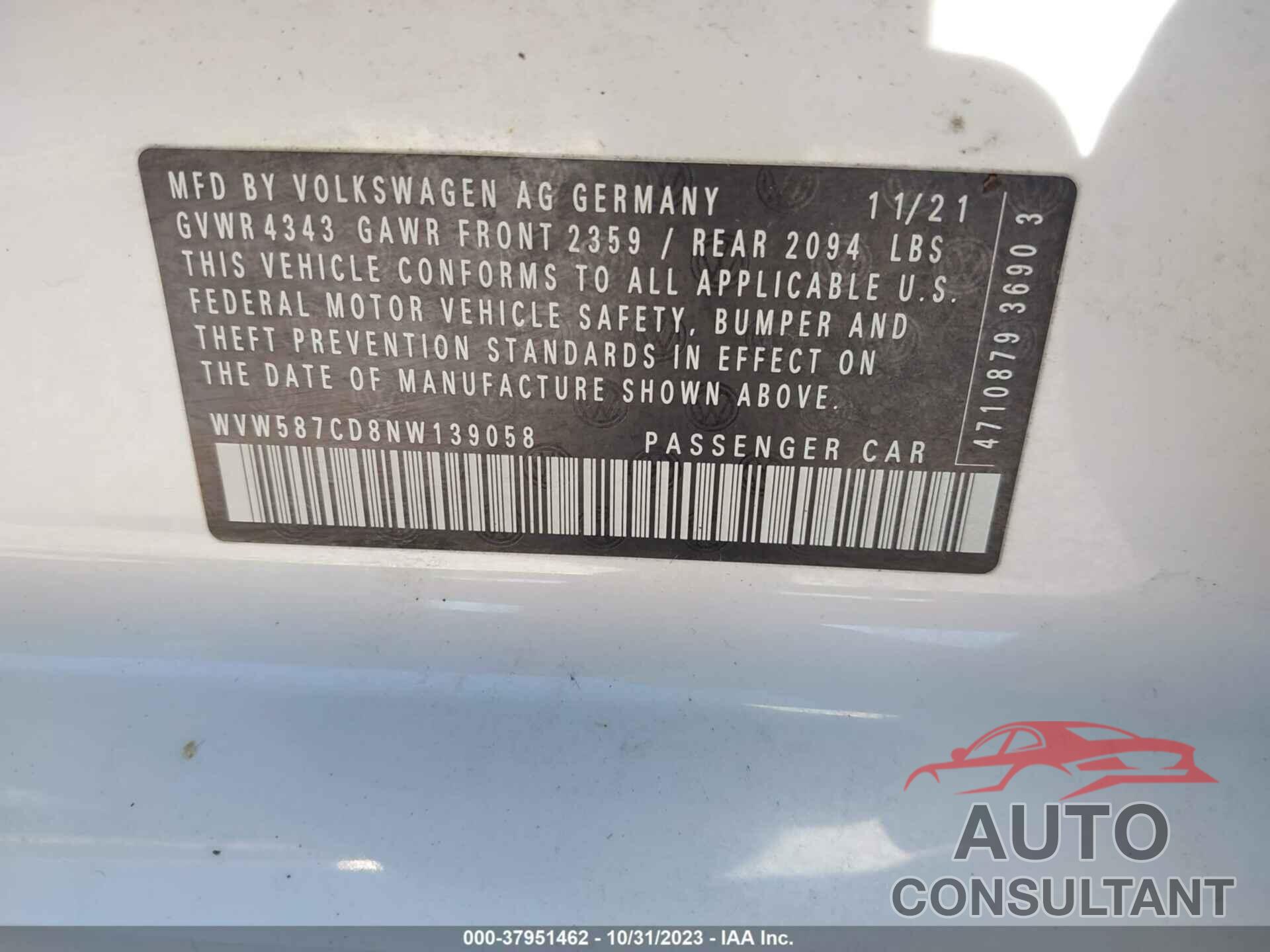 VOLKSWAGEN GOLF GTI 2022 - WVW587CD8NW139058