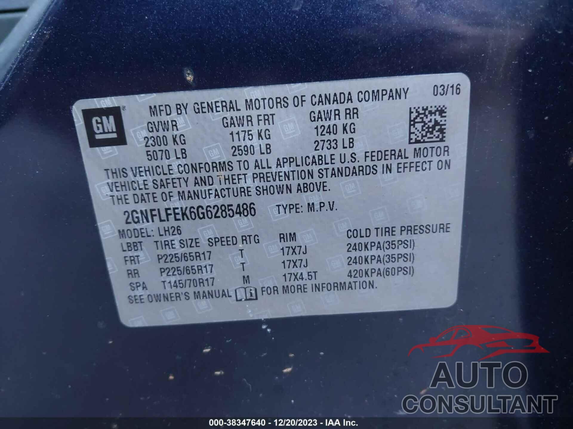 CHEVROLET EQUINOX 2016 - 2GNFLFEK6G6285486