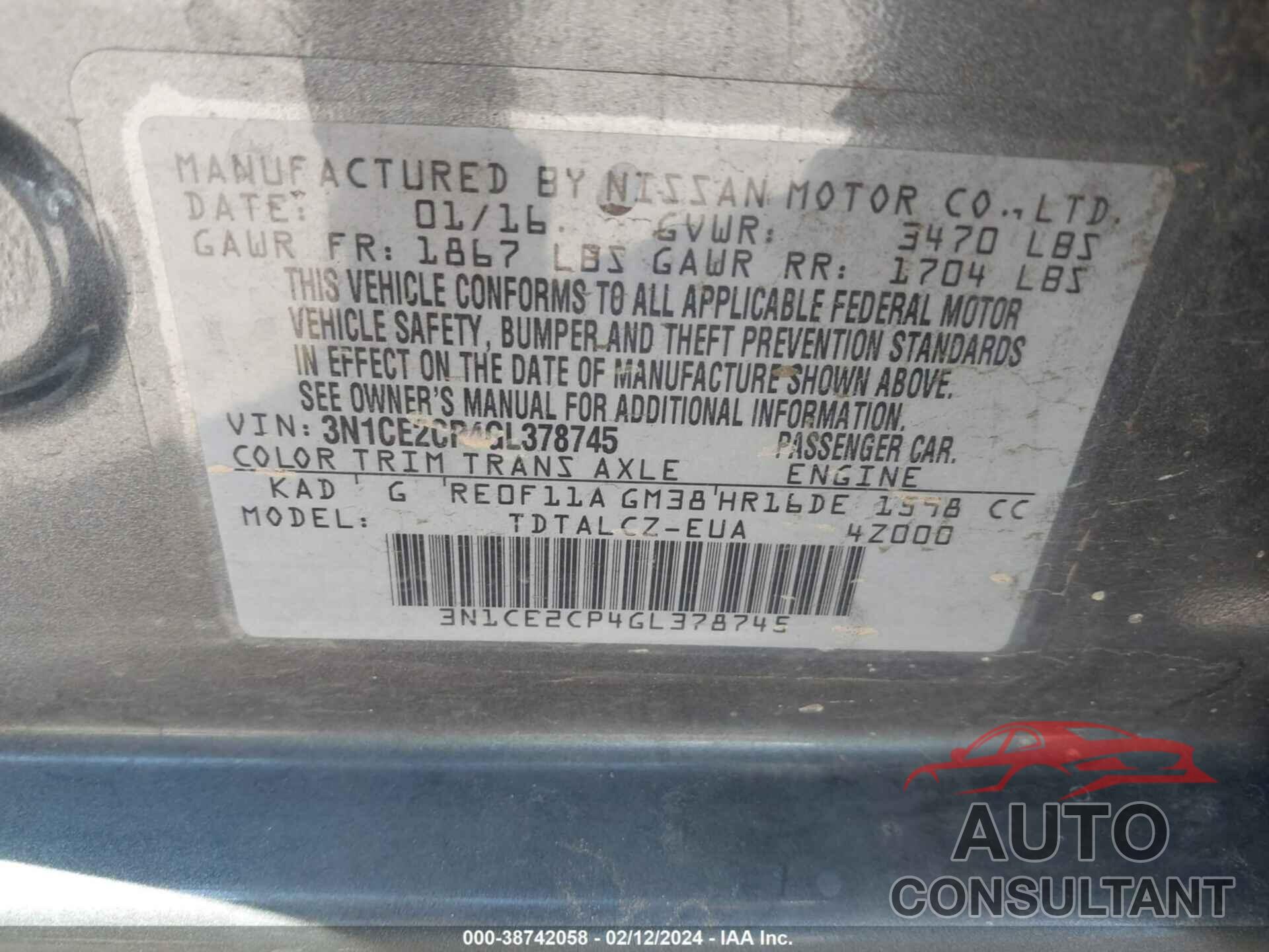 NISSAN VERSA NOTE 2016 - 3N1CE2CP4GL378745