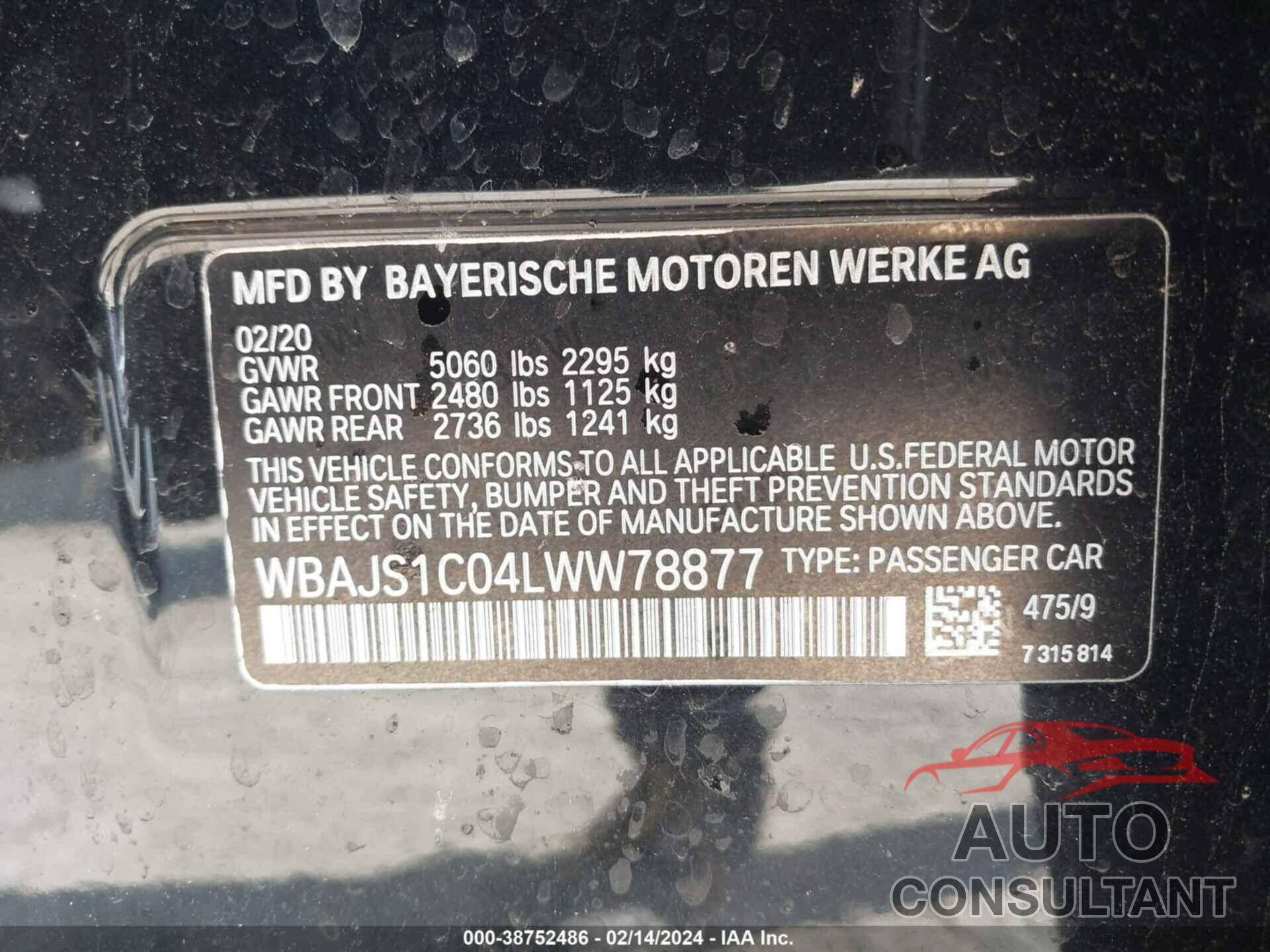 BMW 540I 2020 - WBAJS1C04LWW78877