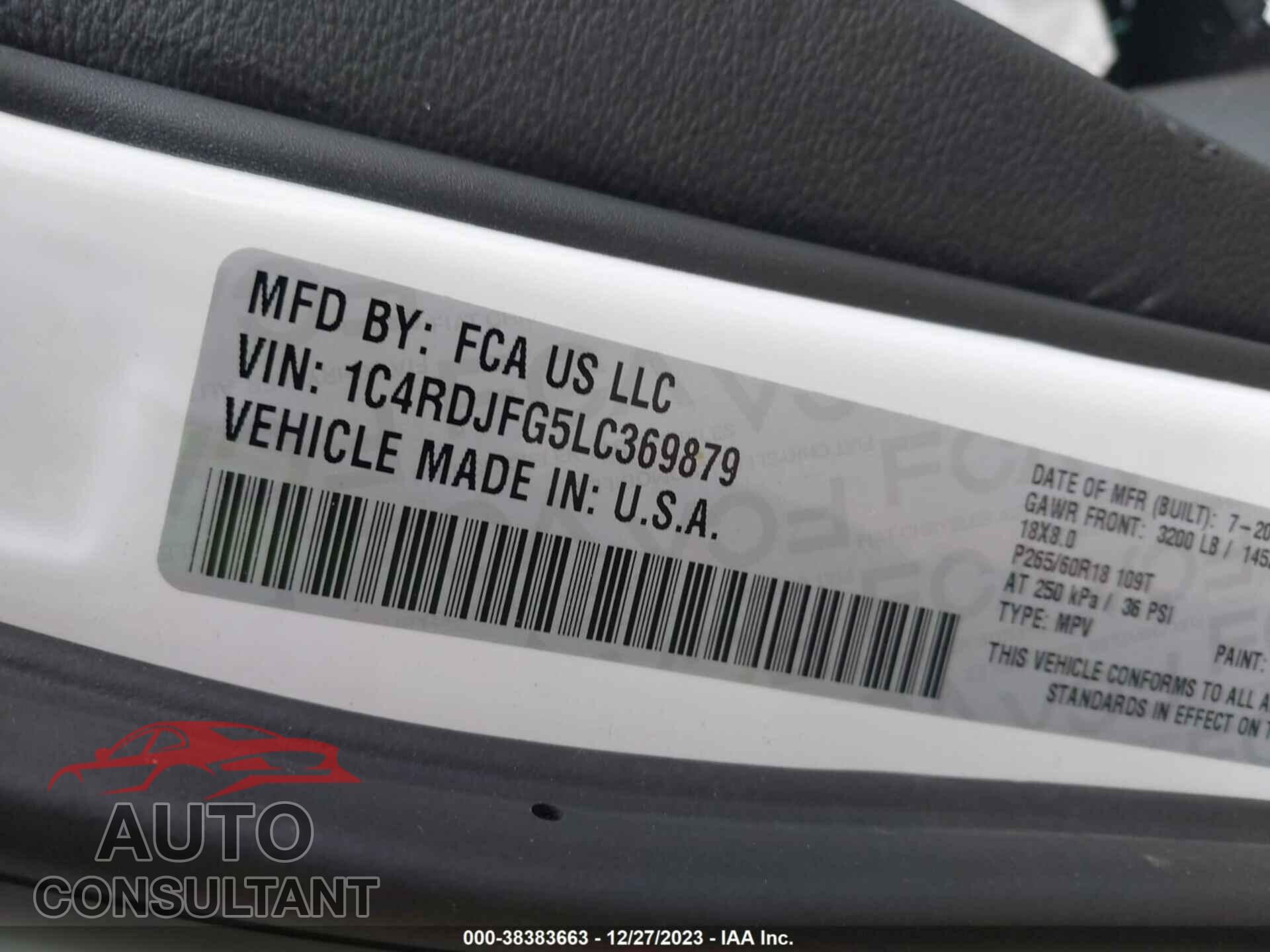 DODGE DURANGO 2020 - 1C4RDJFG5LC369879