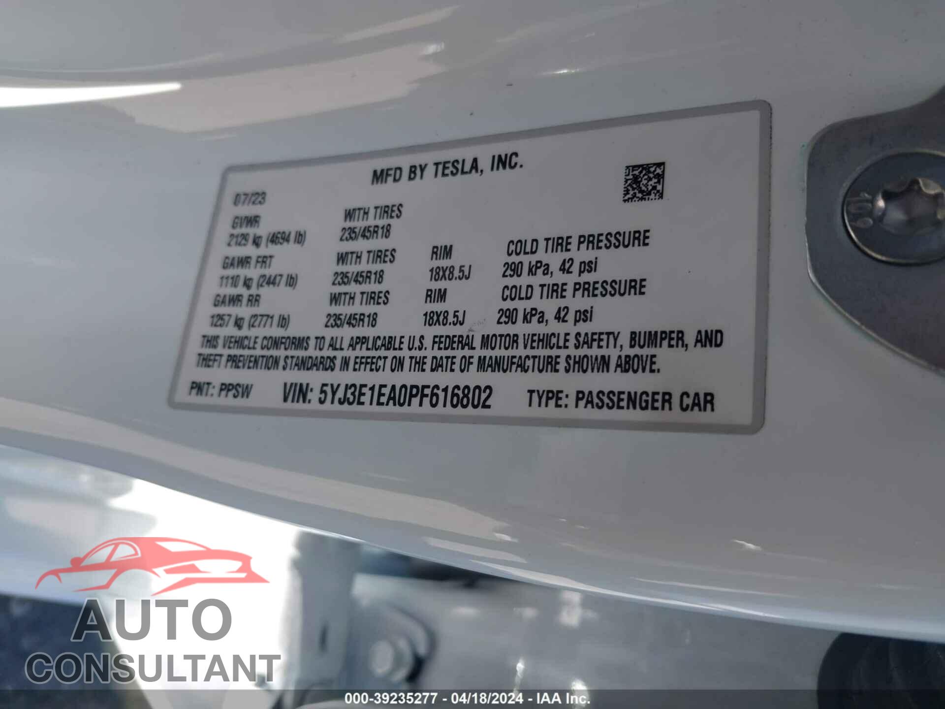 TESLA MODEL 3 2023 - 5YJ3E1EA0PF616802