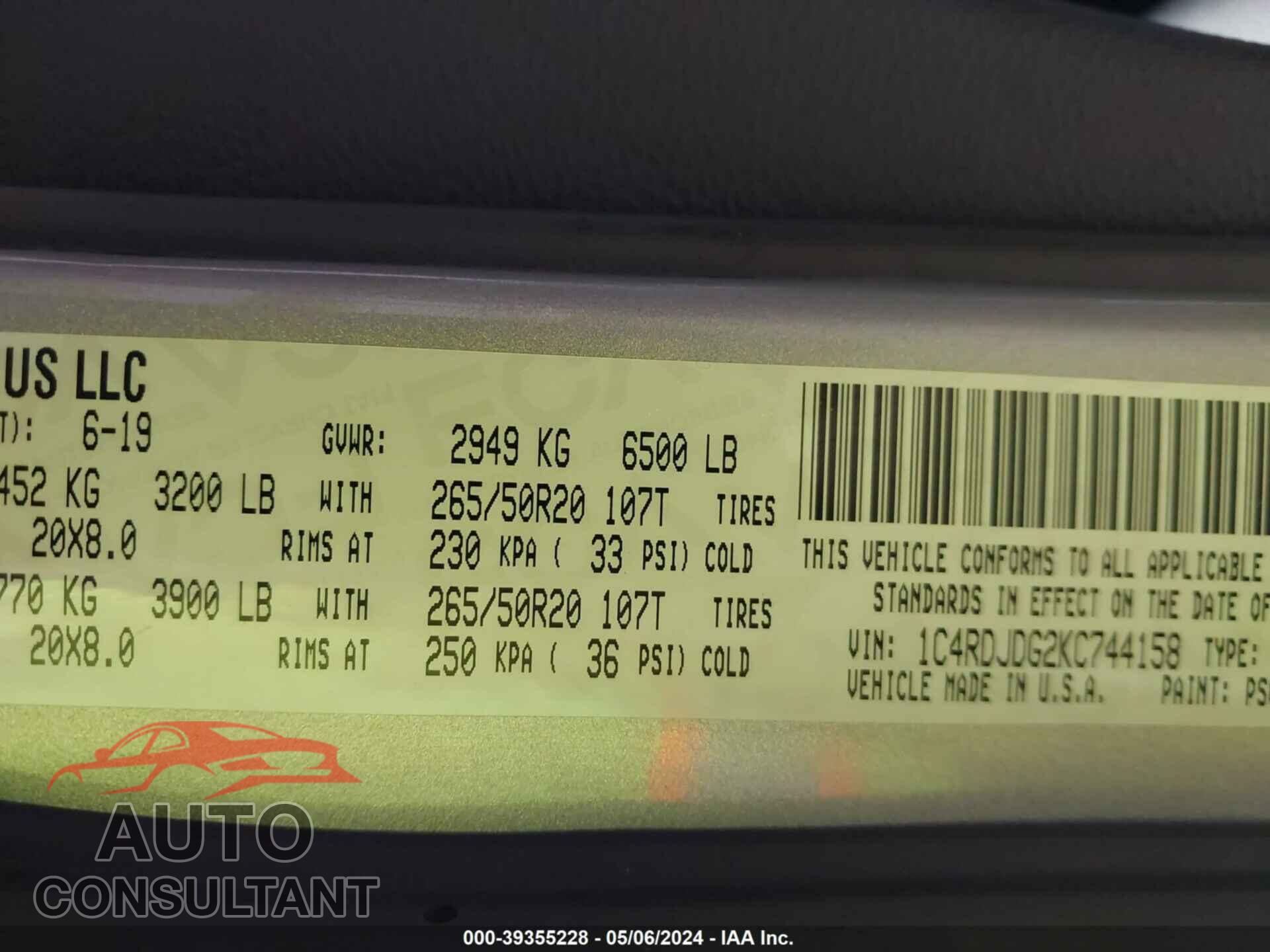 DODGE DURANGO 2019 - 1C4RDJDG2KC744158