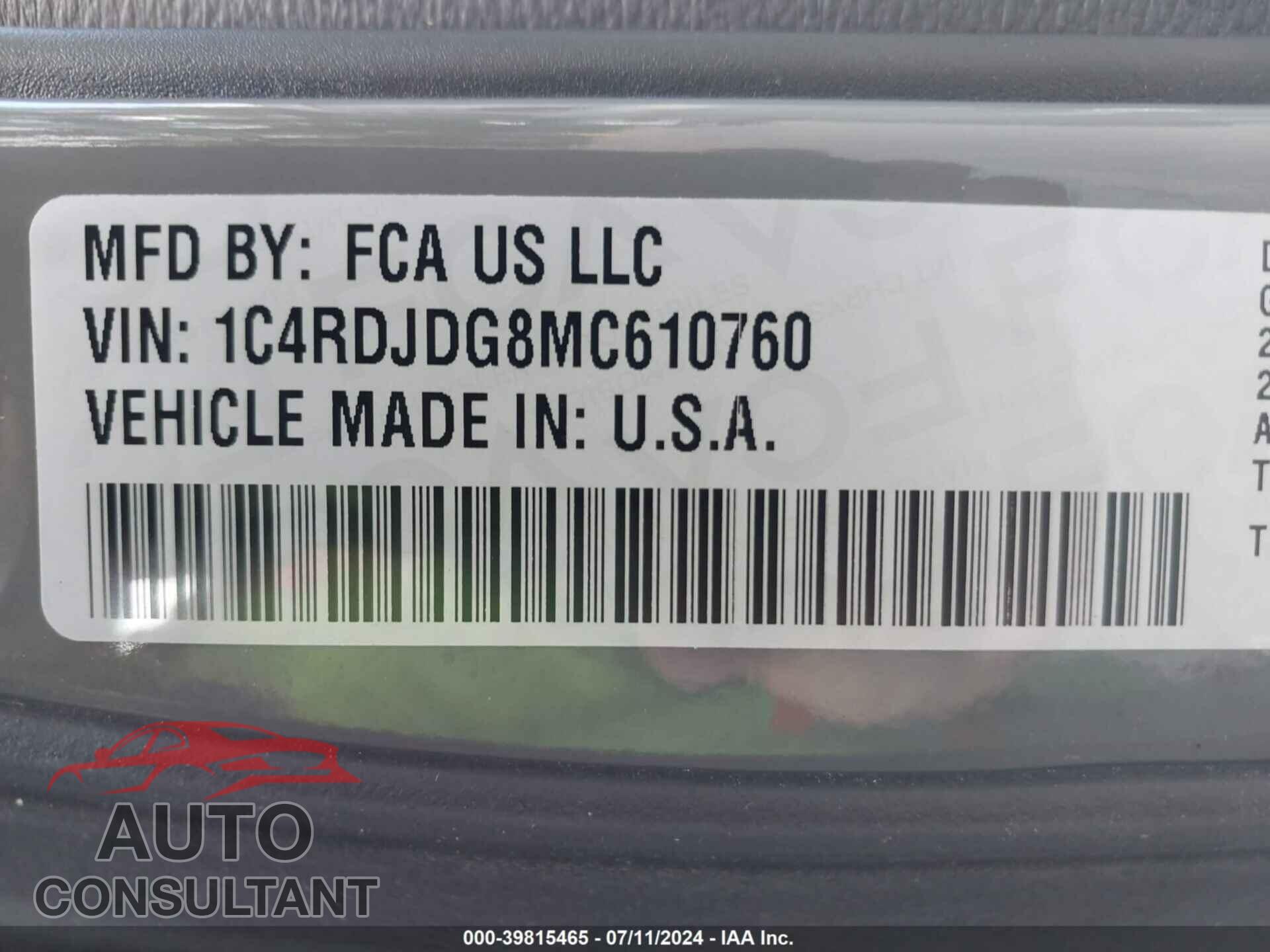 DODGE DURANGO 2021 - 1C4RDJDG8MC610760