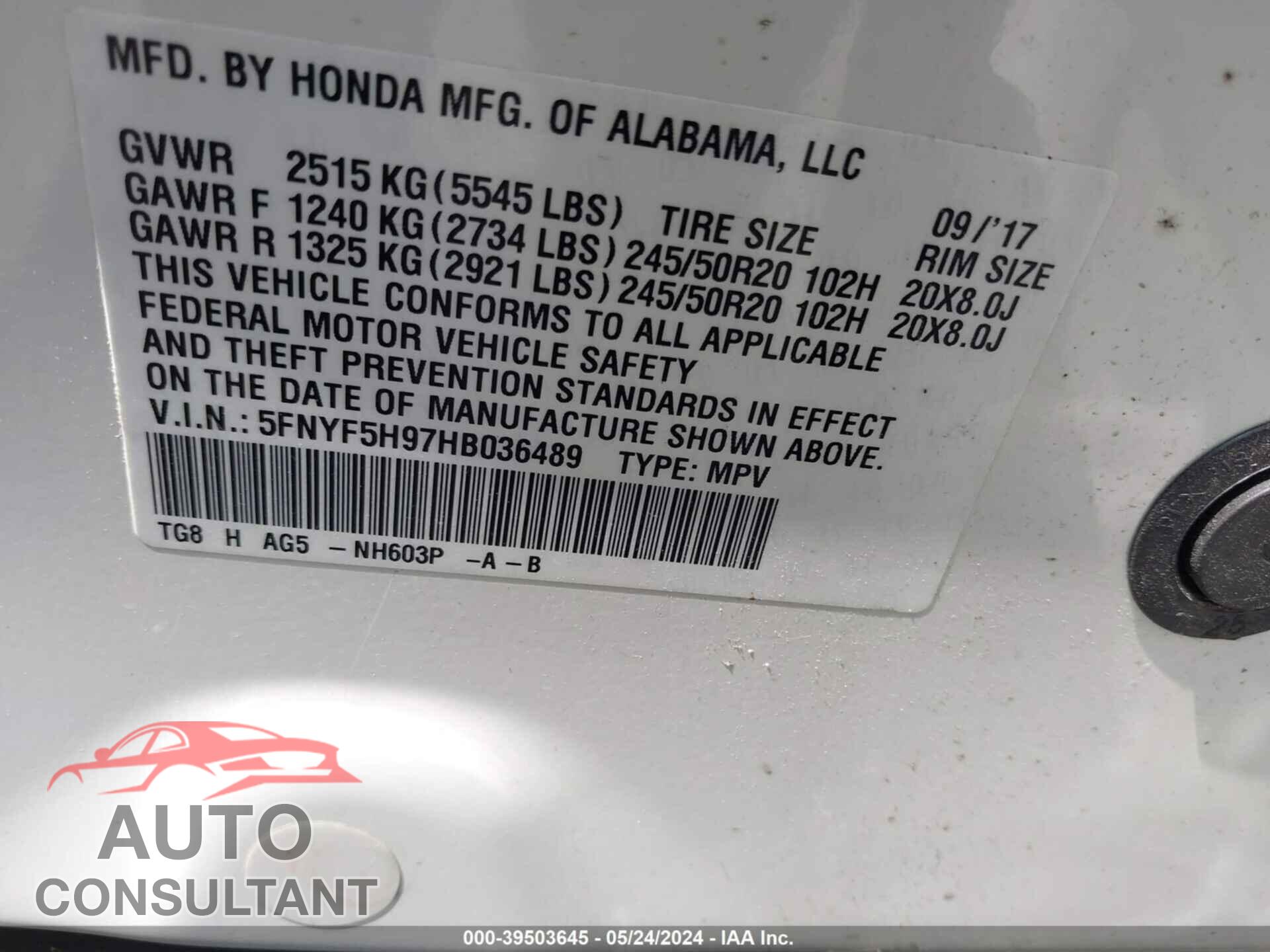 HONDA PILOT 2017 - 5FNYF5H97HB036489