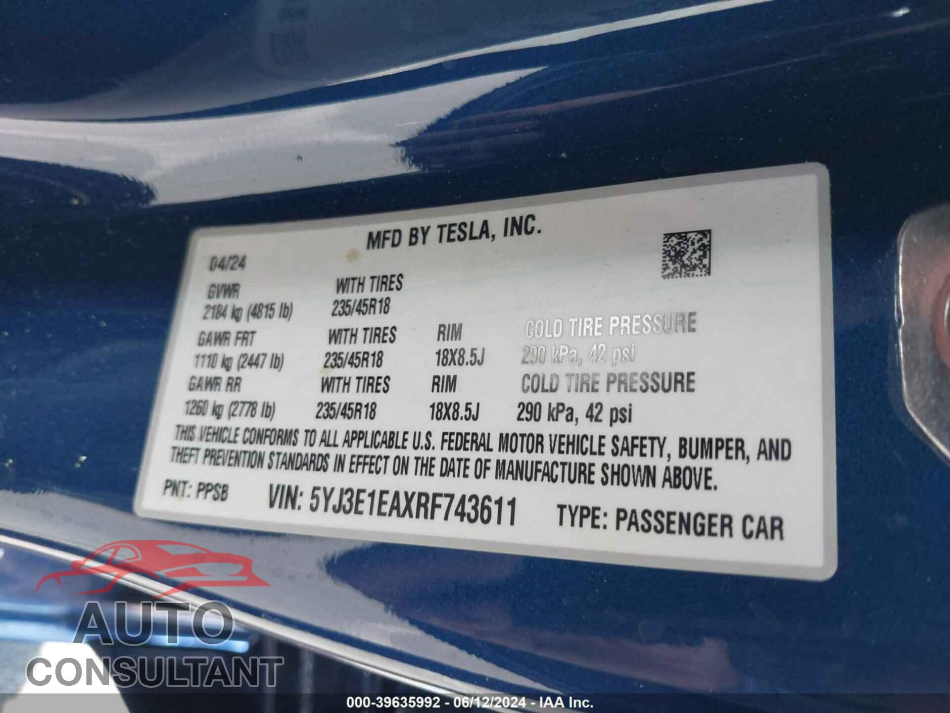 TESLA MODEL 3 2024 - 5YJ3E1EAXRF743611