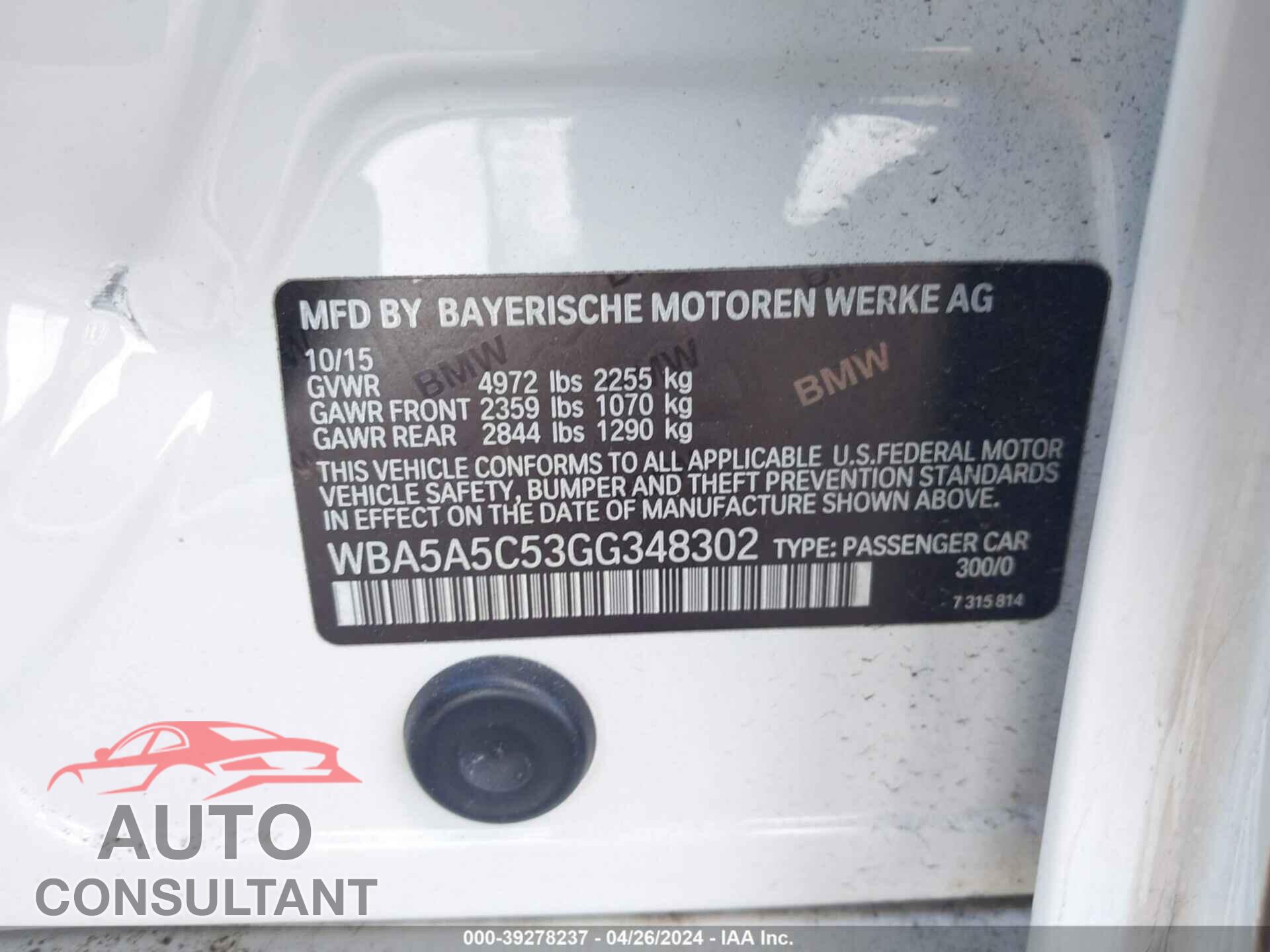 BMW 528 2016 - WBA5A5C53GG348302