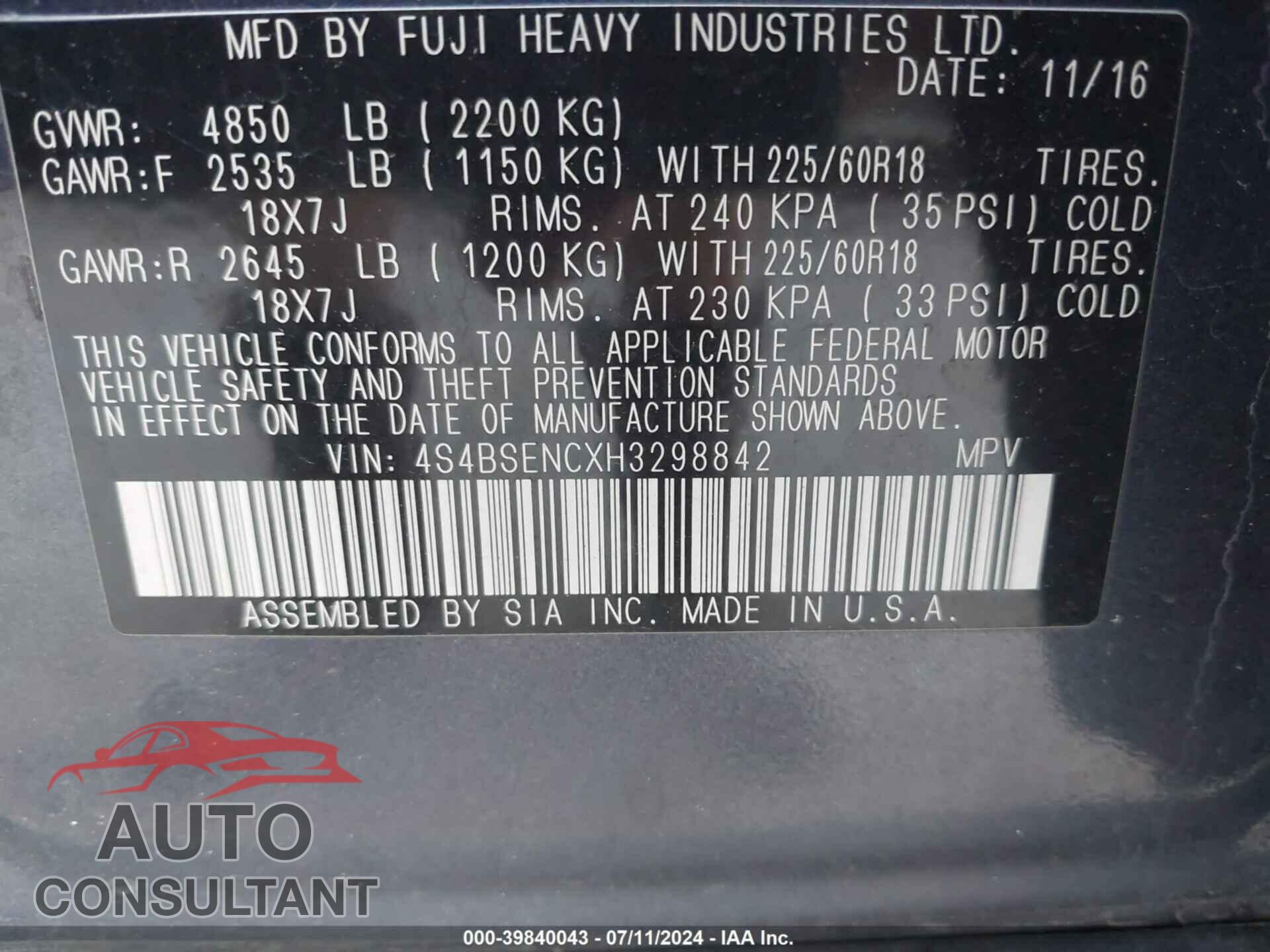 SUBARU OUTBACK 2017 - 4S4BSENCXH3298842