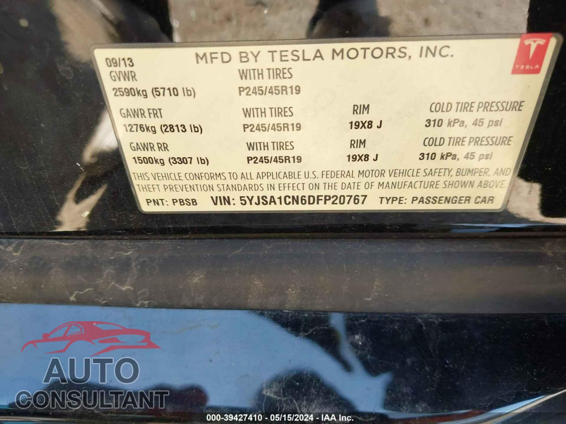 TESLA MODEL S 2013 - 5YJSA1CN6DFP20767