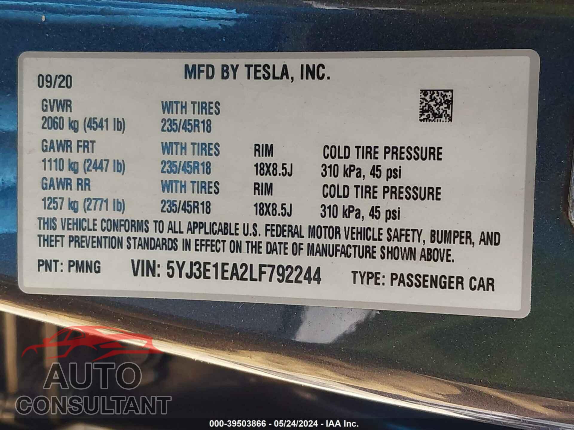 TESLA MODEL 3 2020 - 5YJ3E1EA2LF792244