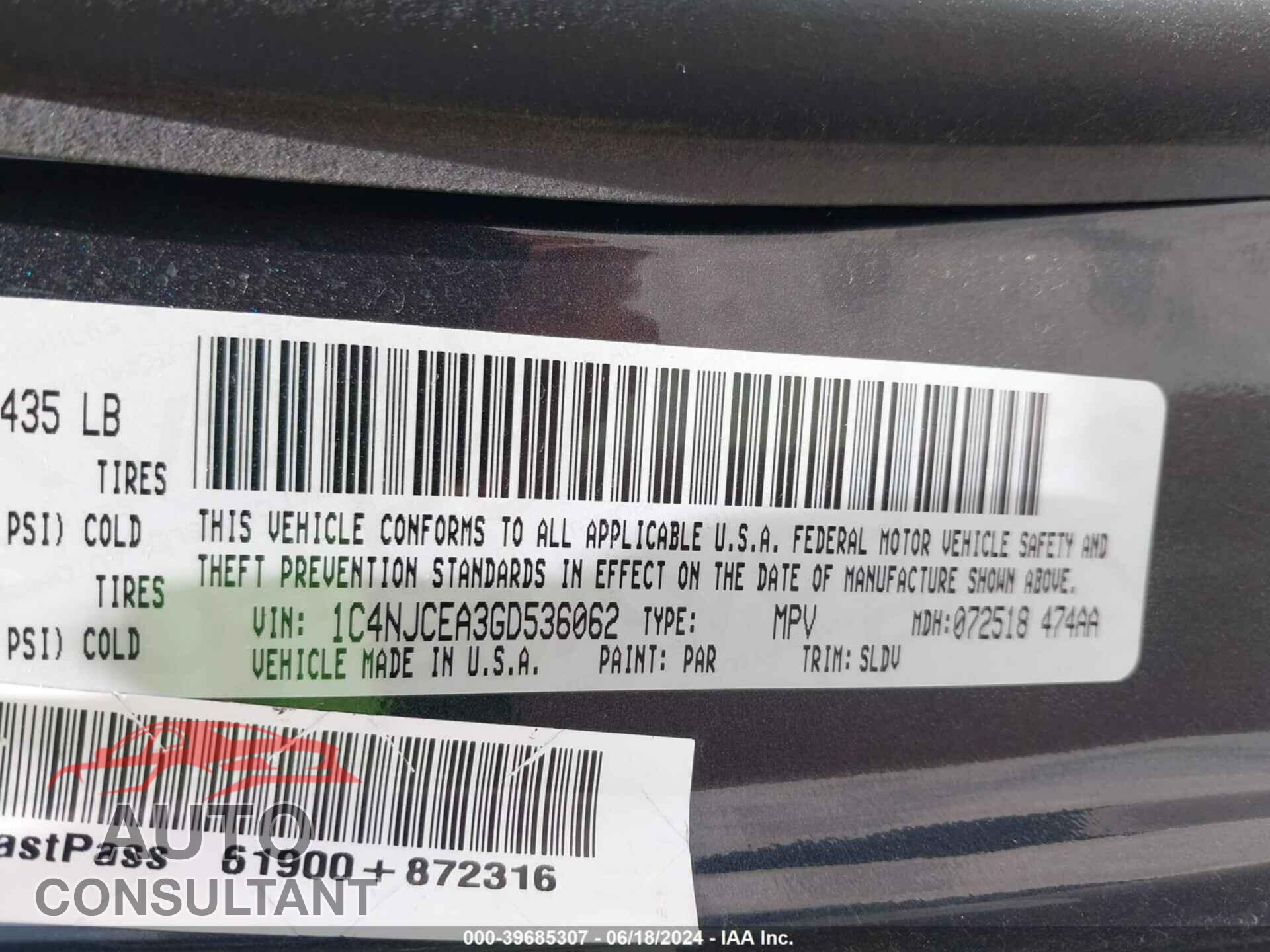 JEEP COMPASS 2016 - 1C4NJCEA3GD536062
