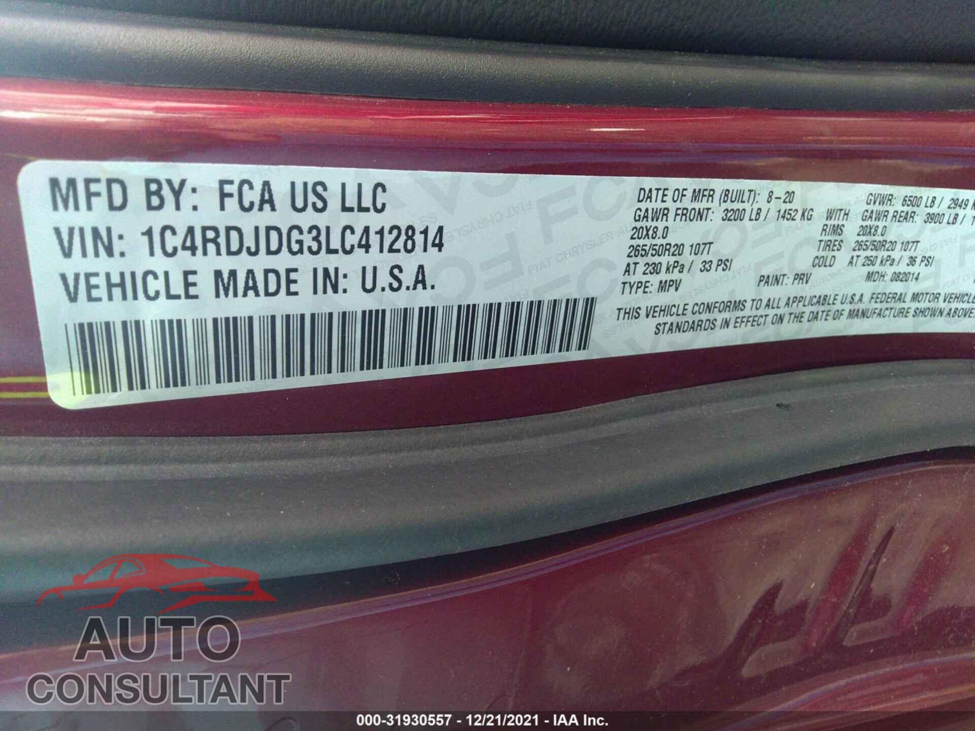 DODGE DURANGO 2020 - 1C4RDJDG3LC412814