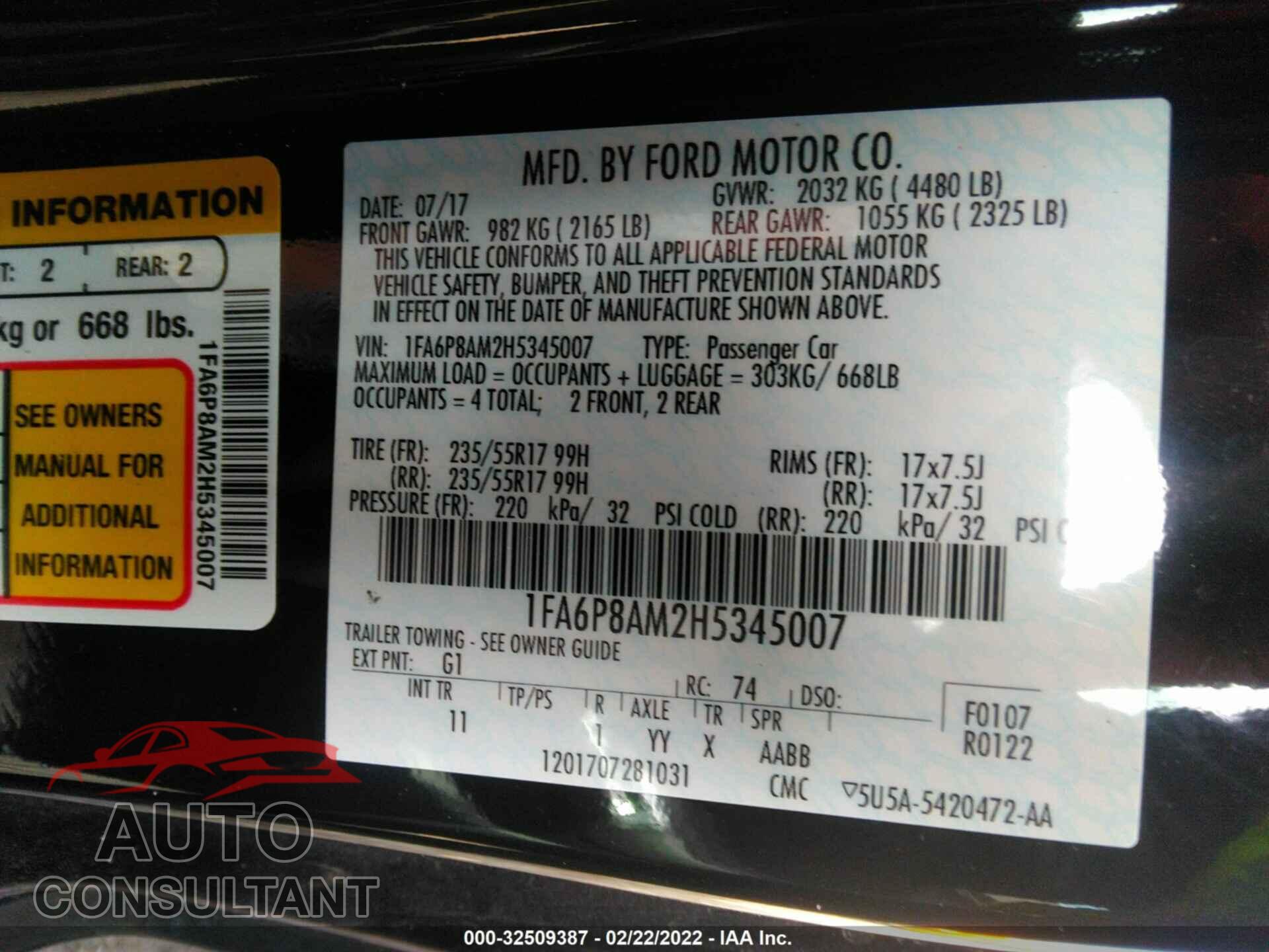 FORD MUSTANG 2017 - 1FA6P8AM2H5345007
