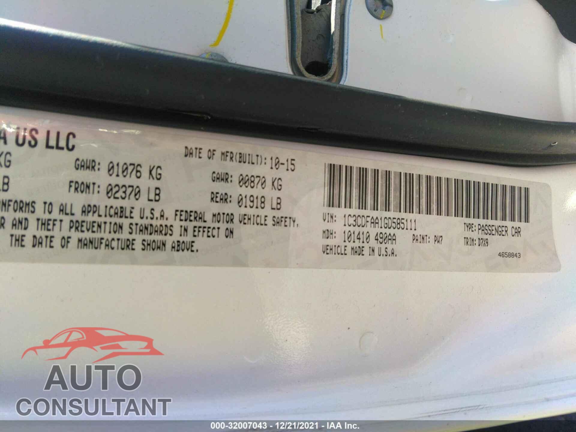 DODGE DART 2016 - 1C3CDFAA1GD585111