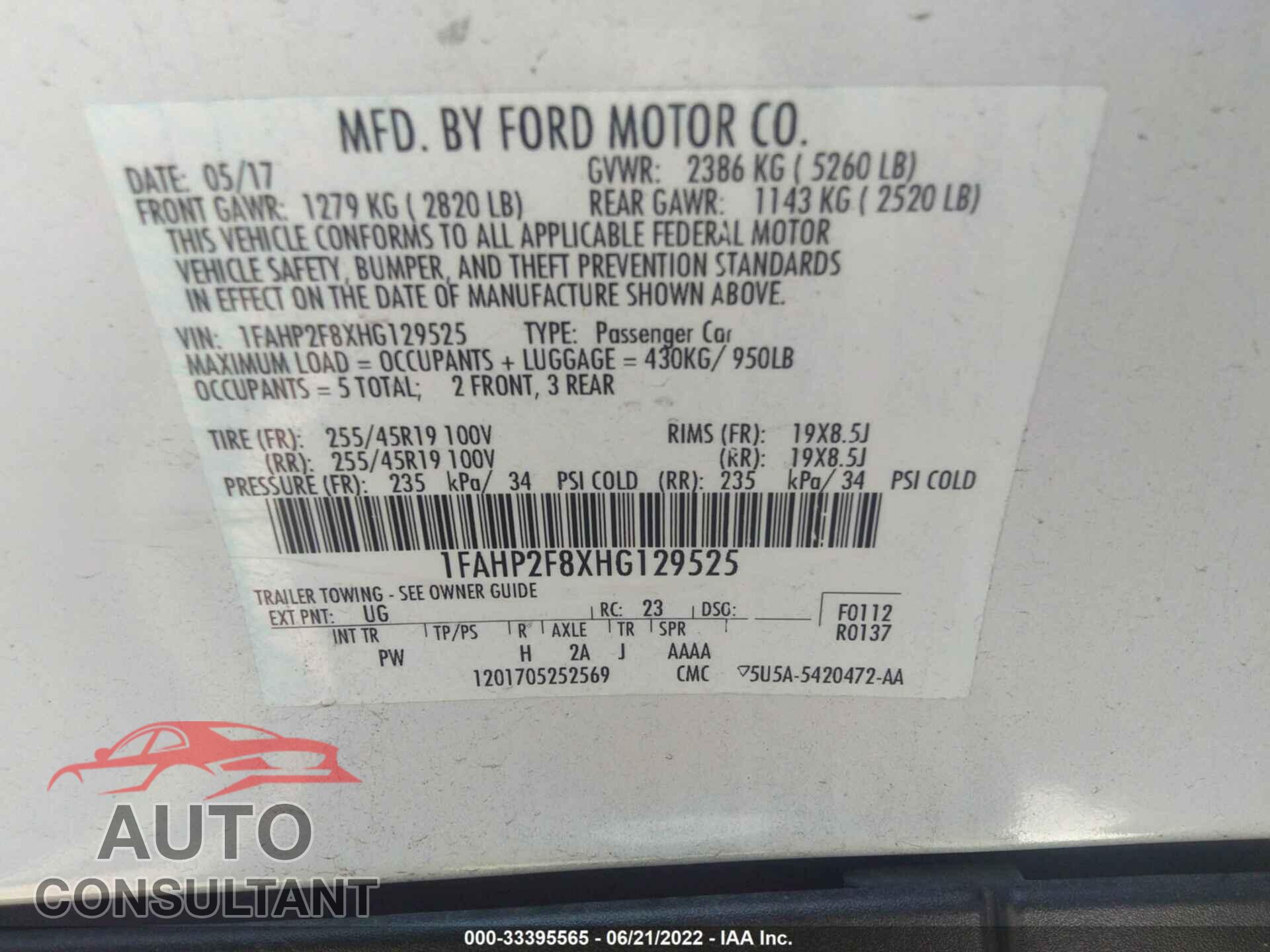 FORD TAURUS 2017 - 1FAHP2F8XHG129525
