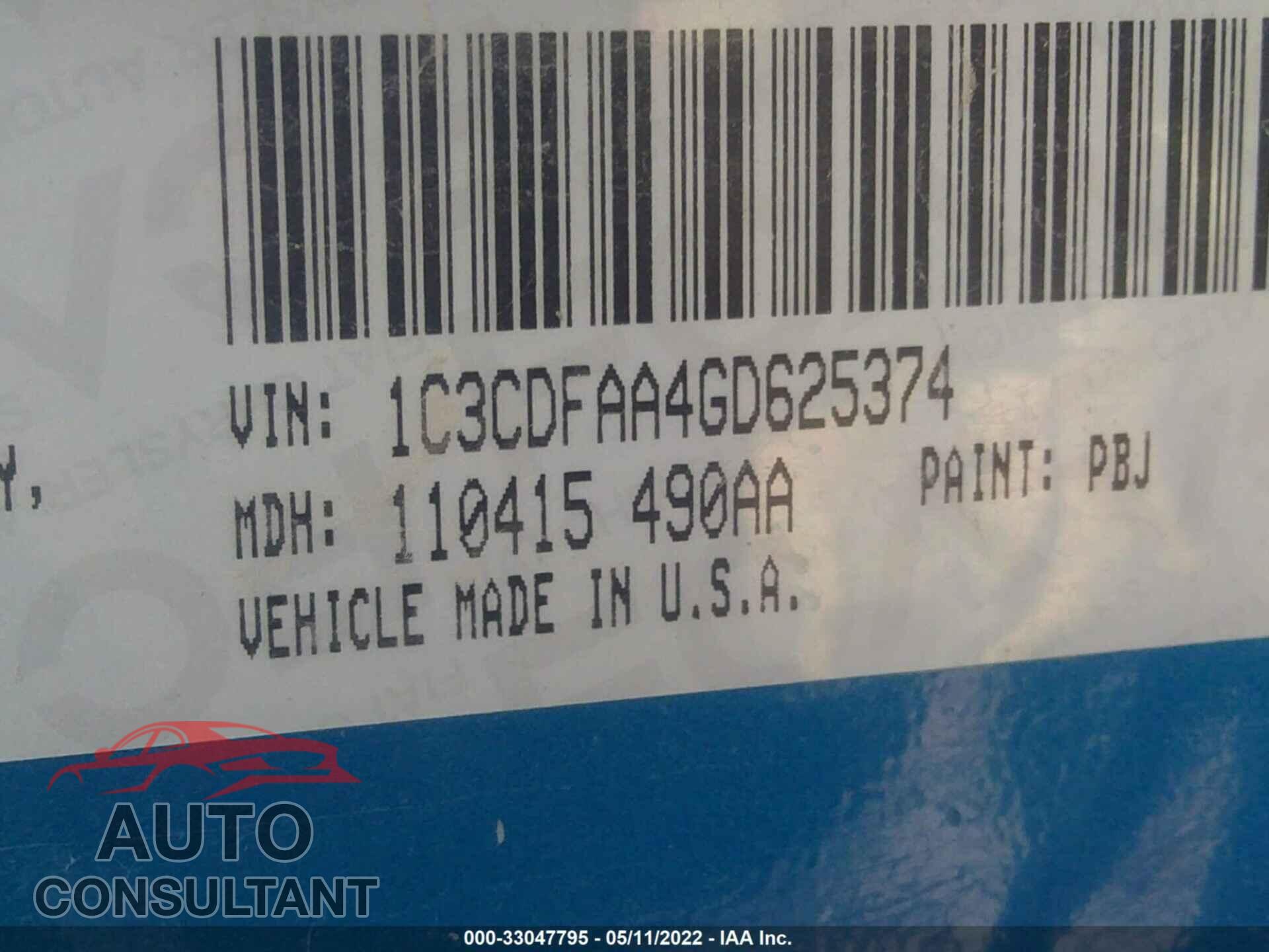 DODGE DART 2016 - 1C3CDFAA4GD625374