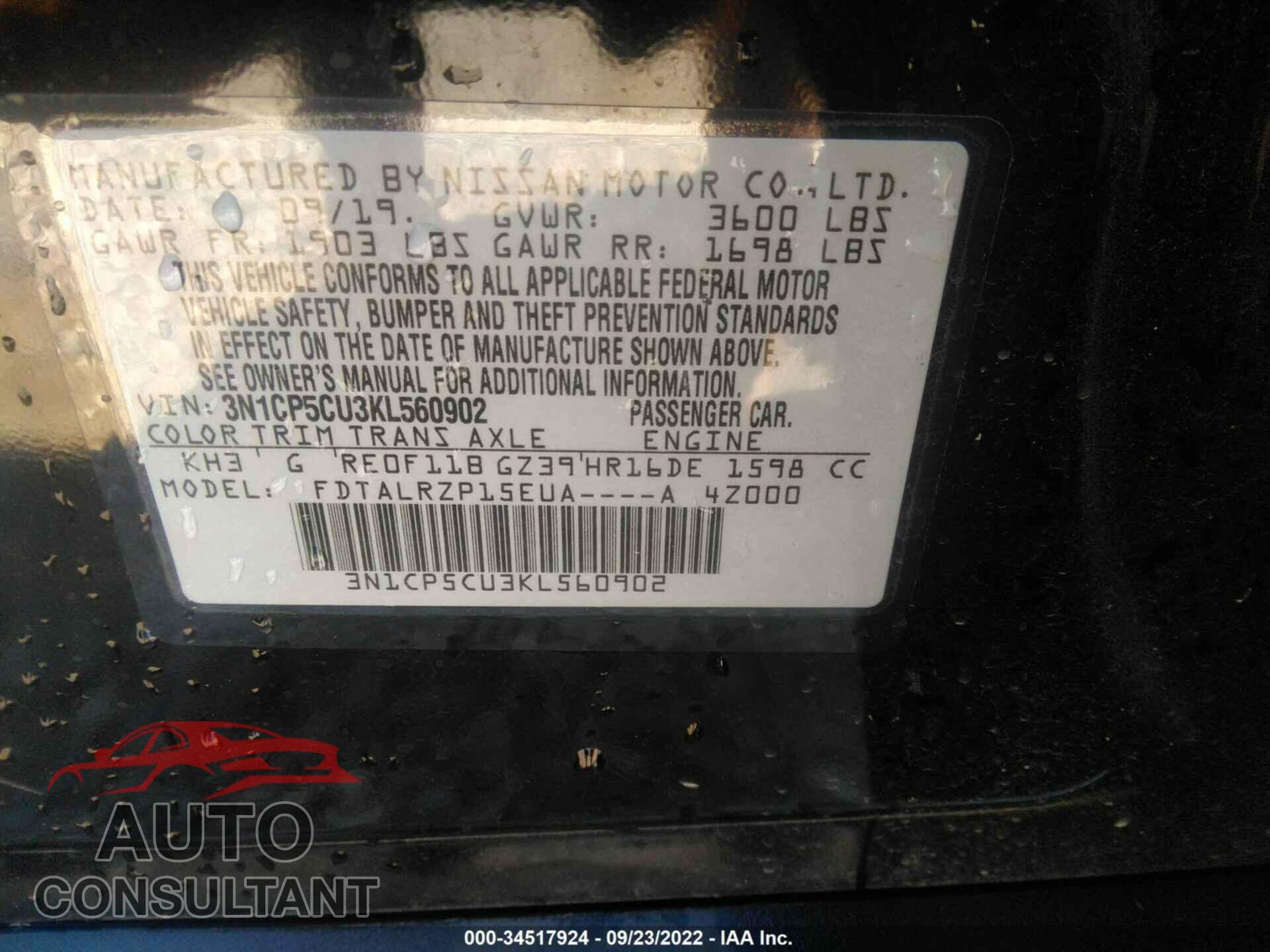 NISSAN KICKS 2019 - 3N1CP5CU3KL560902