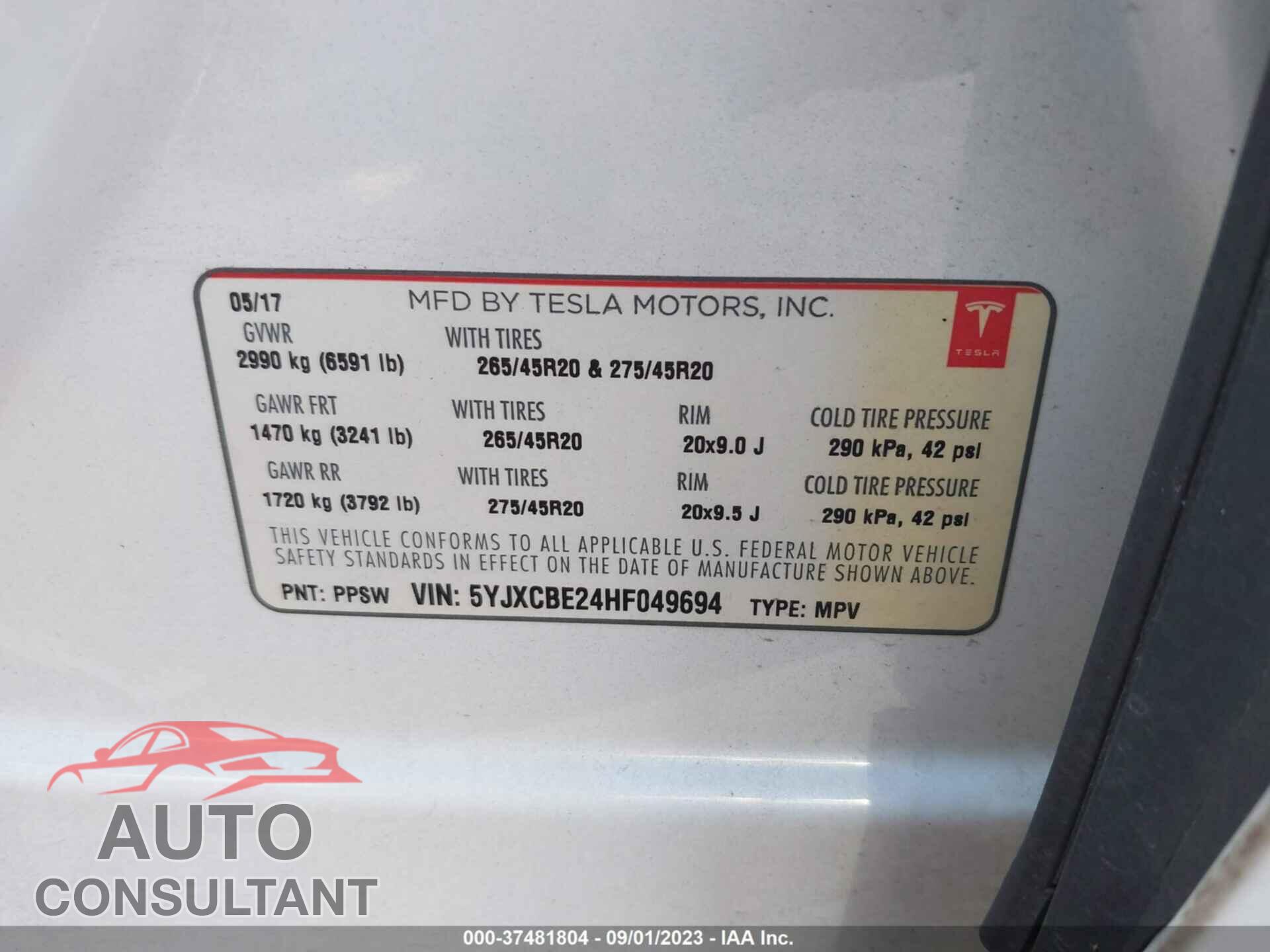 TESLA MODEL X 2017 - 5YJXCBE24HF049694