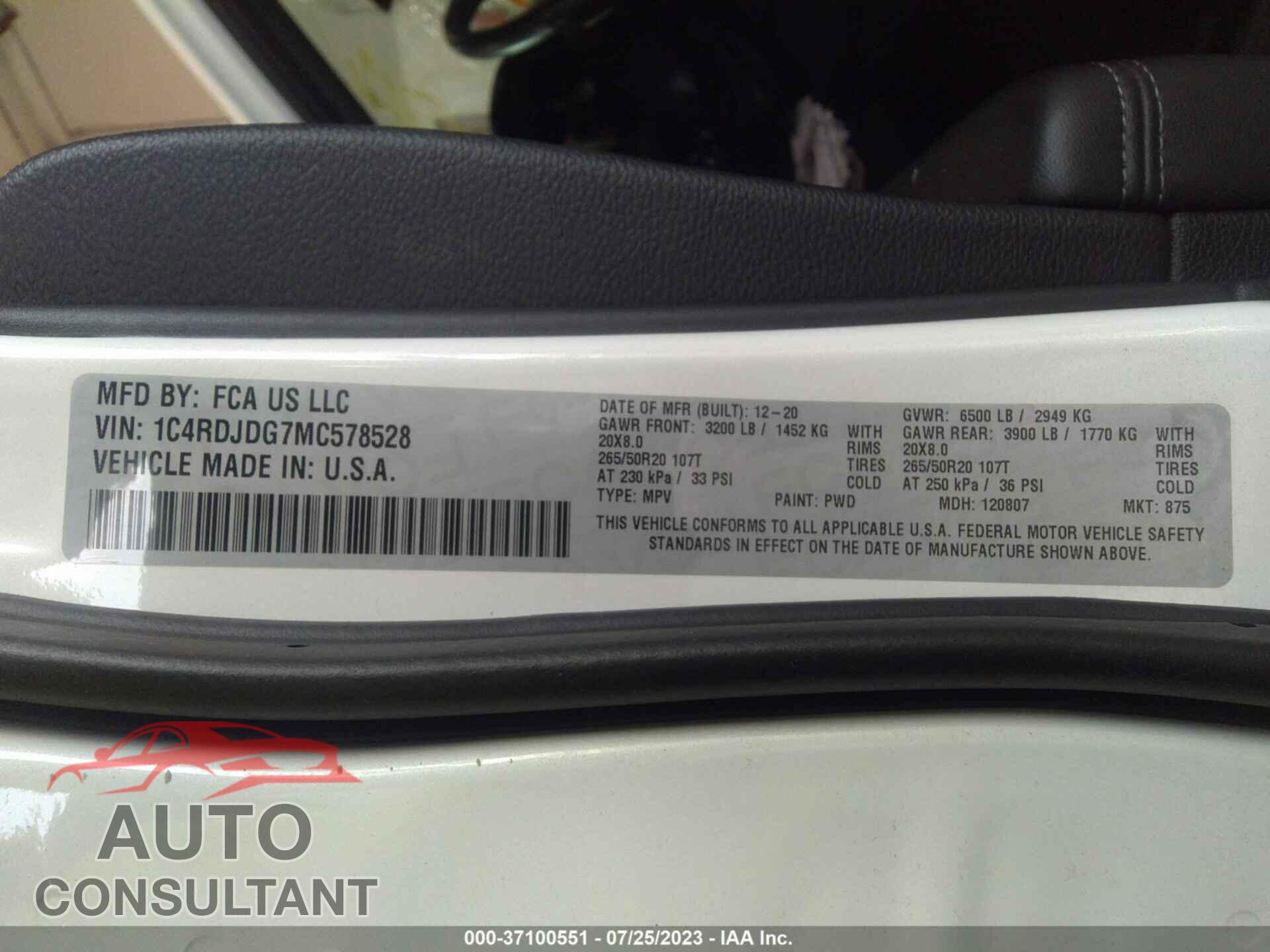 DODGE DURANGO 2021 - 1C4RDJDG7MC578528