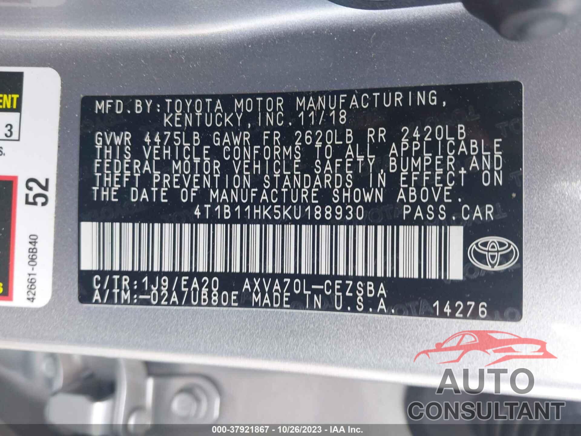 TOYOTA CAMRY 2019 - 4T1B11HK5KU188930