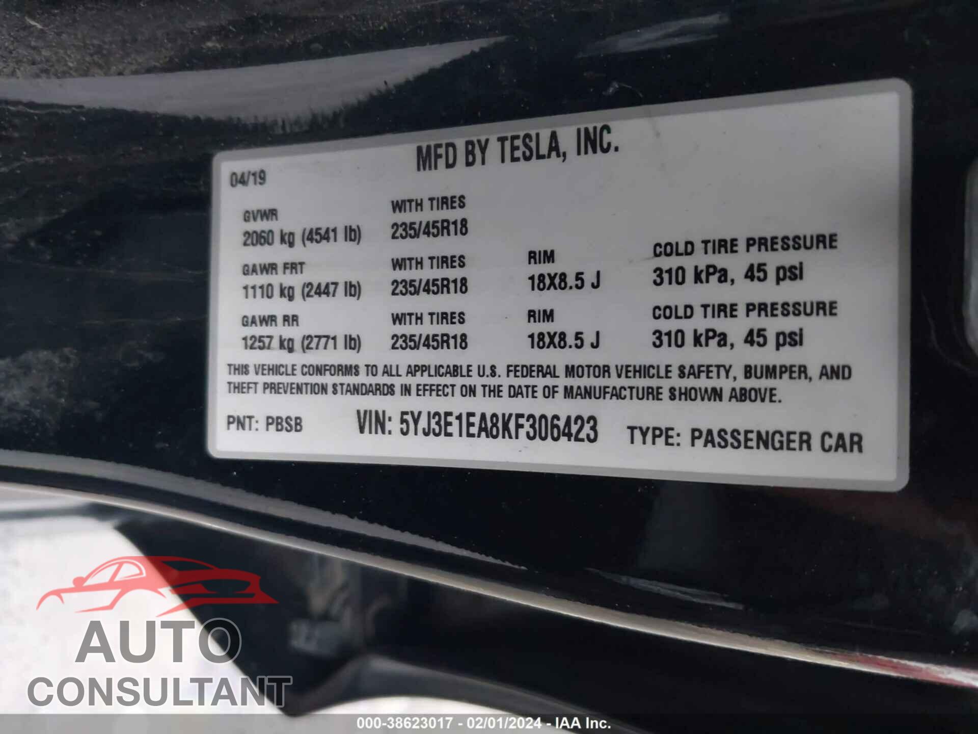 TESLA MODEL 3 2019 - 5YJ3E1EA8KF306423