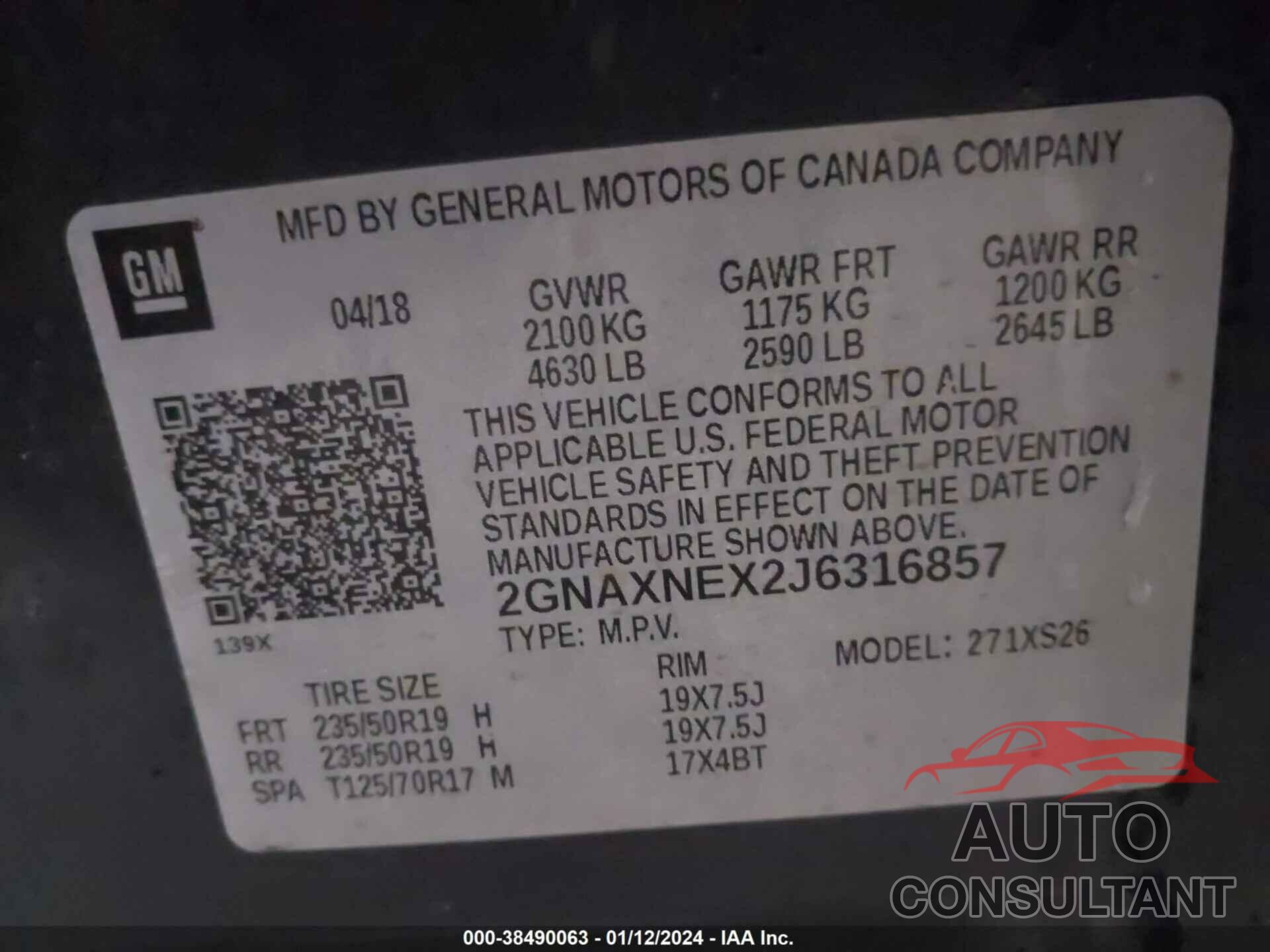 CHEVROLET EQUINOX 2018 - 2GNAXNEX2J6316857