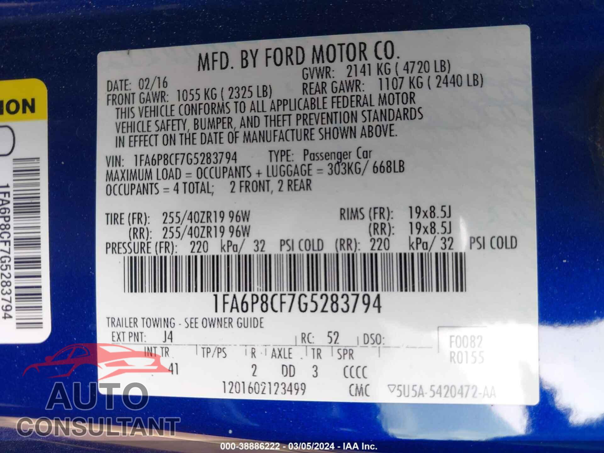 FORD MUSTANG 2016 - 1FA6P8CF7G5283794