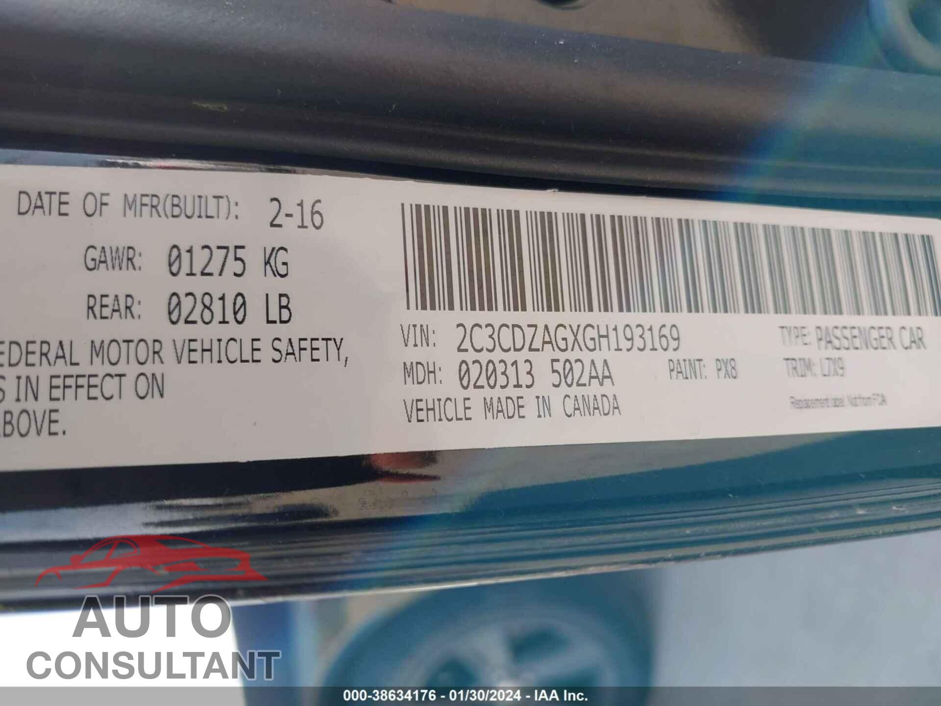 DODGE CHALLENGER 2016 - 2C3CDZAGXGH193169