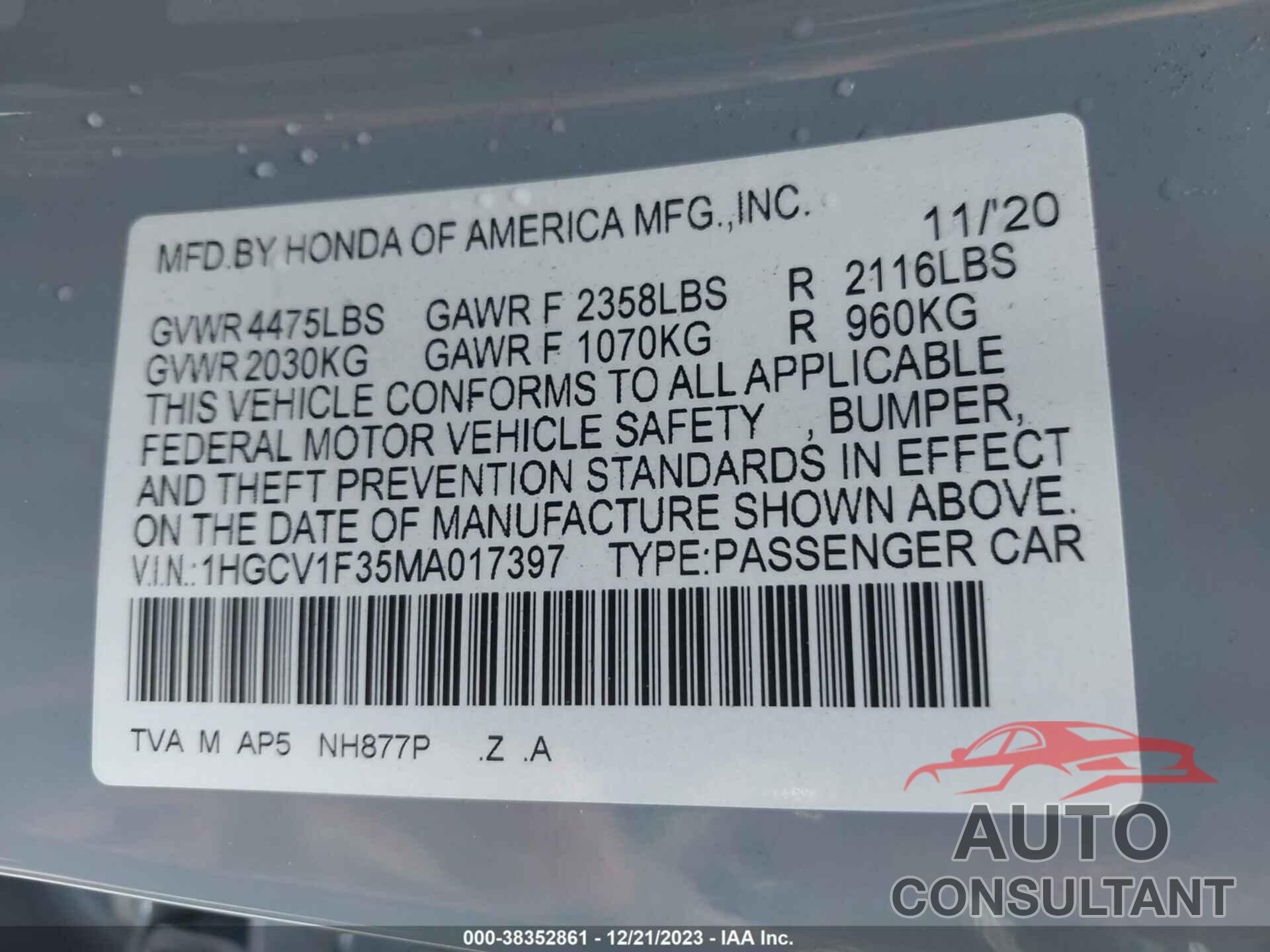 HONDA ACCORD 2021 - 1HGCV1F35MA017397